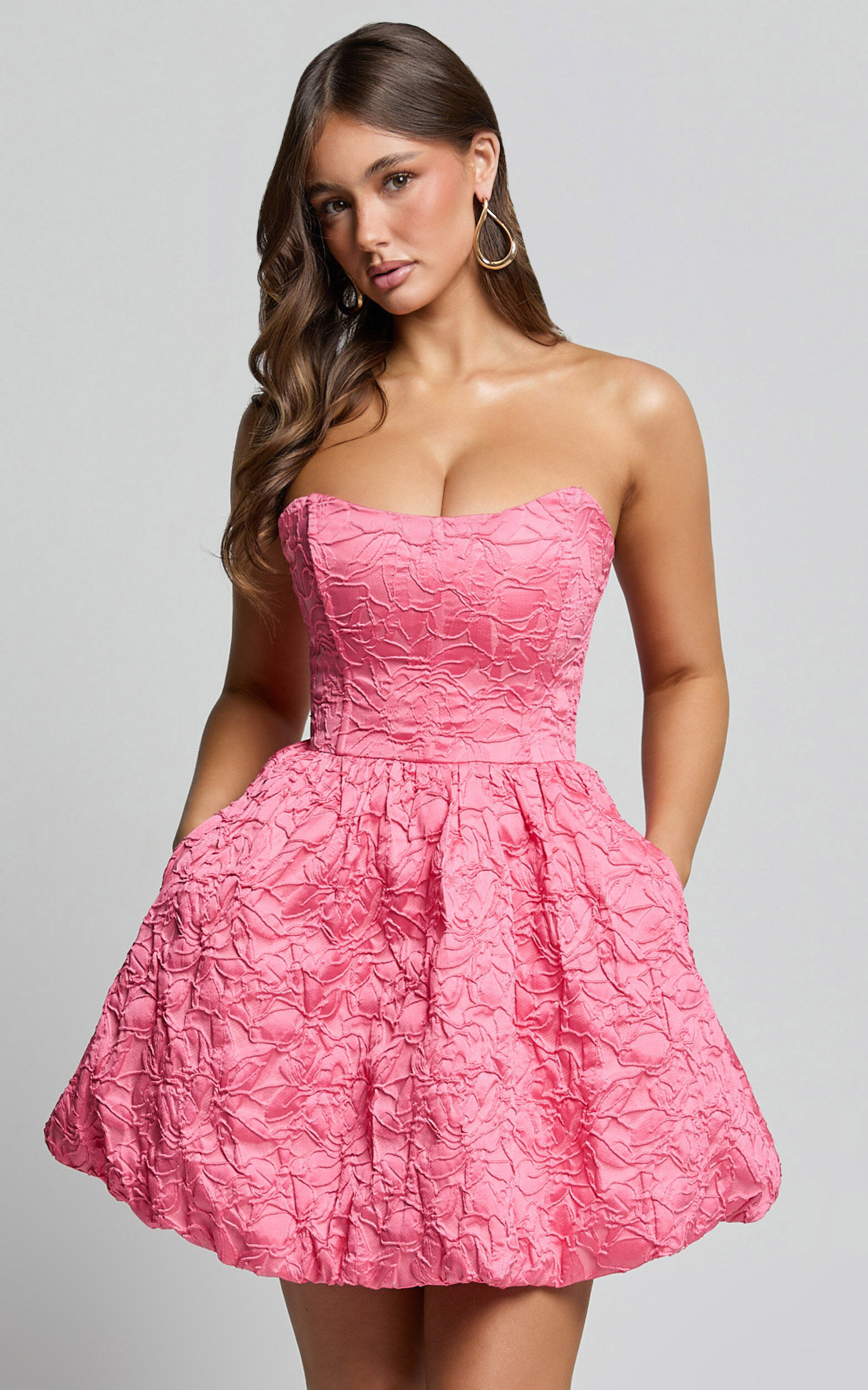 Inez Mini Dress - Jacquard Strapless Bubble Hem Dress in Pink