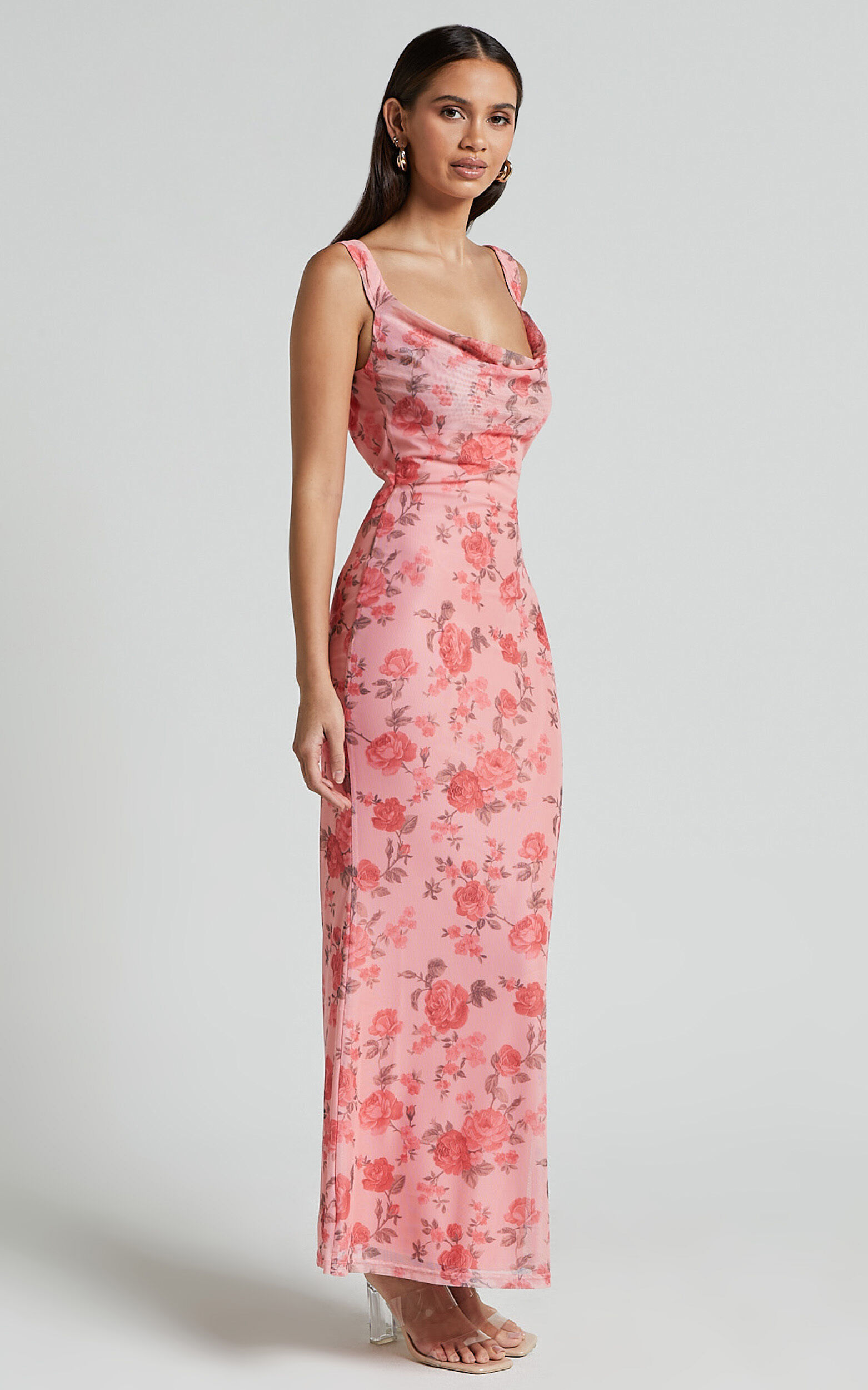 Nadine Maxi Dress - Cowl Neck Low Back Mesh Slip Dress in Pink Floral