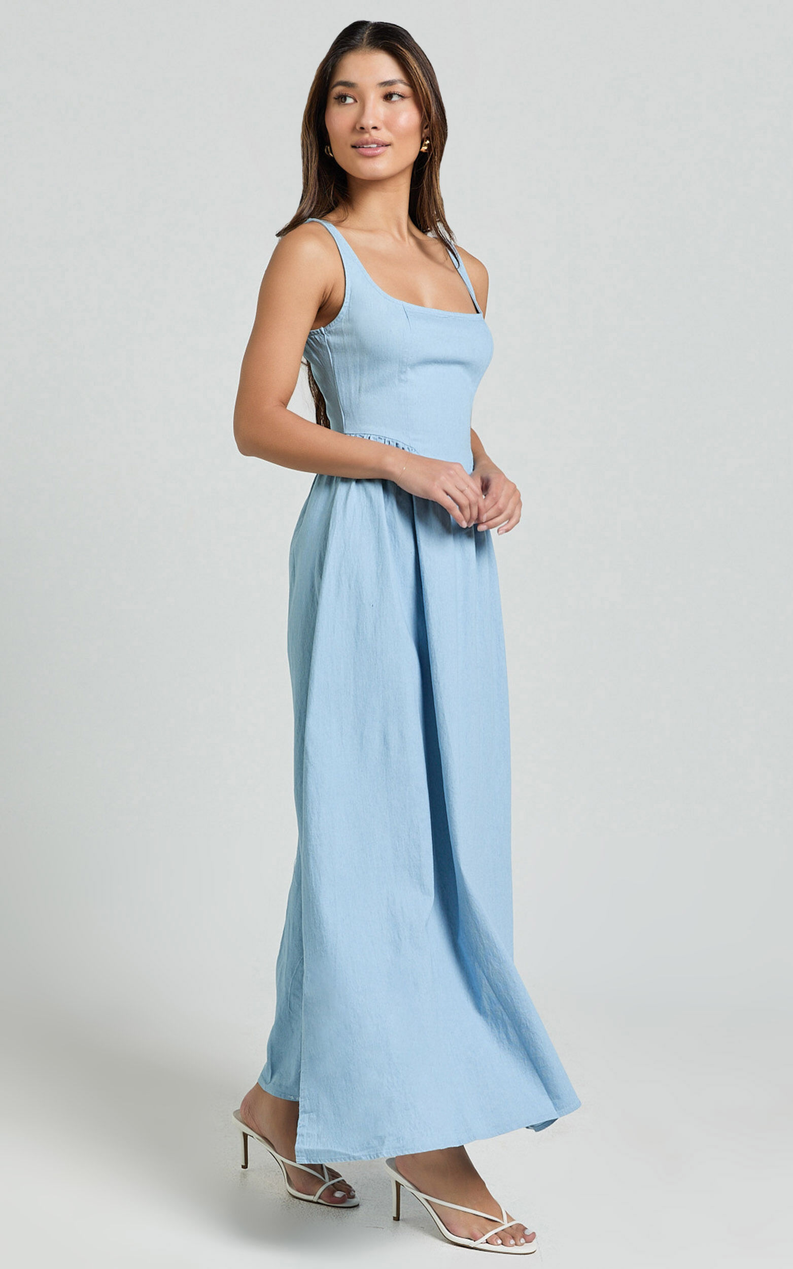 Rhaziya Midi Dress - Sleeveless Straight Neck Fit and Flare Dress in Blue