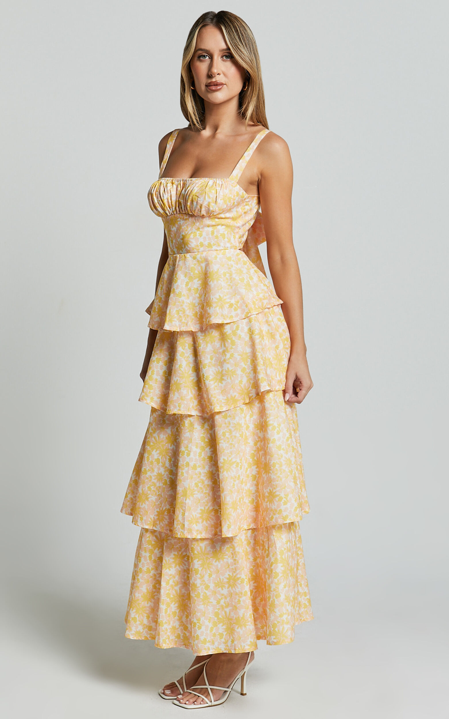 Lorma Midi Dress - Ruched Layered Dress in Orange Floral