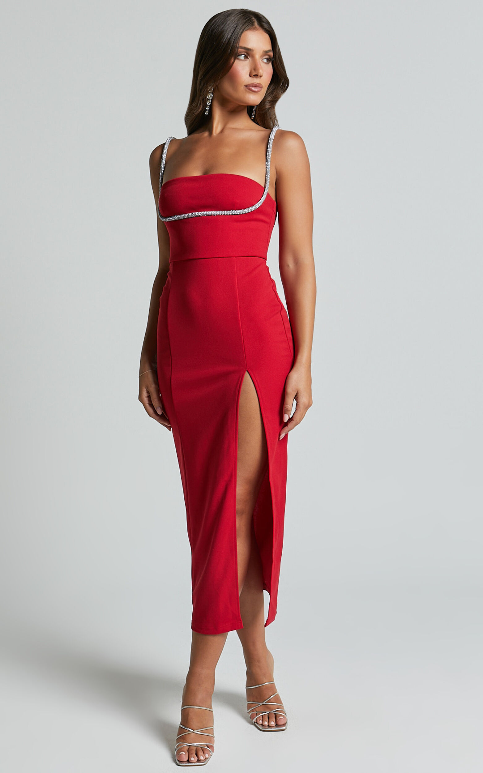 Sharley Midi Dress - Diamante Detail Pencil Dress in Red