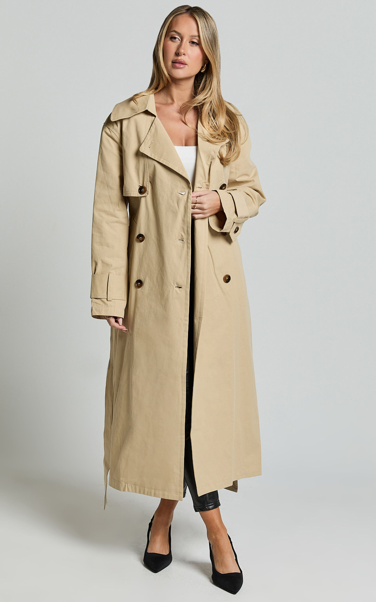 Avah Trench Coat - Double Breasted Tie Waist Coat in Camel