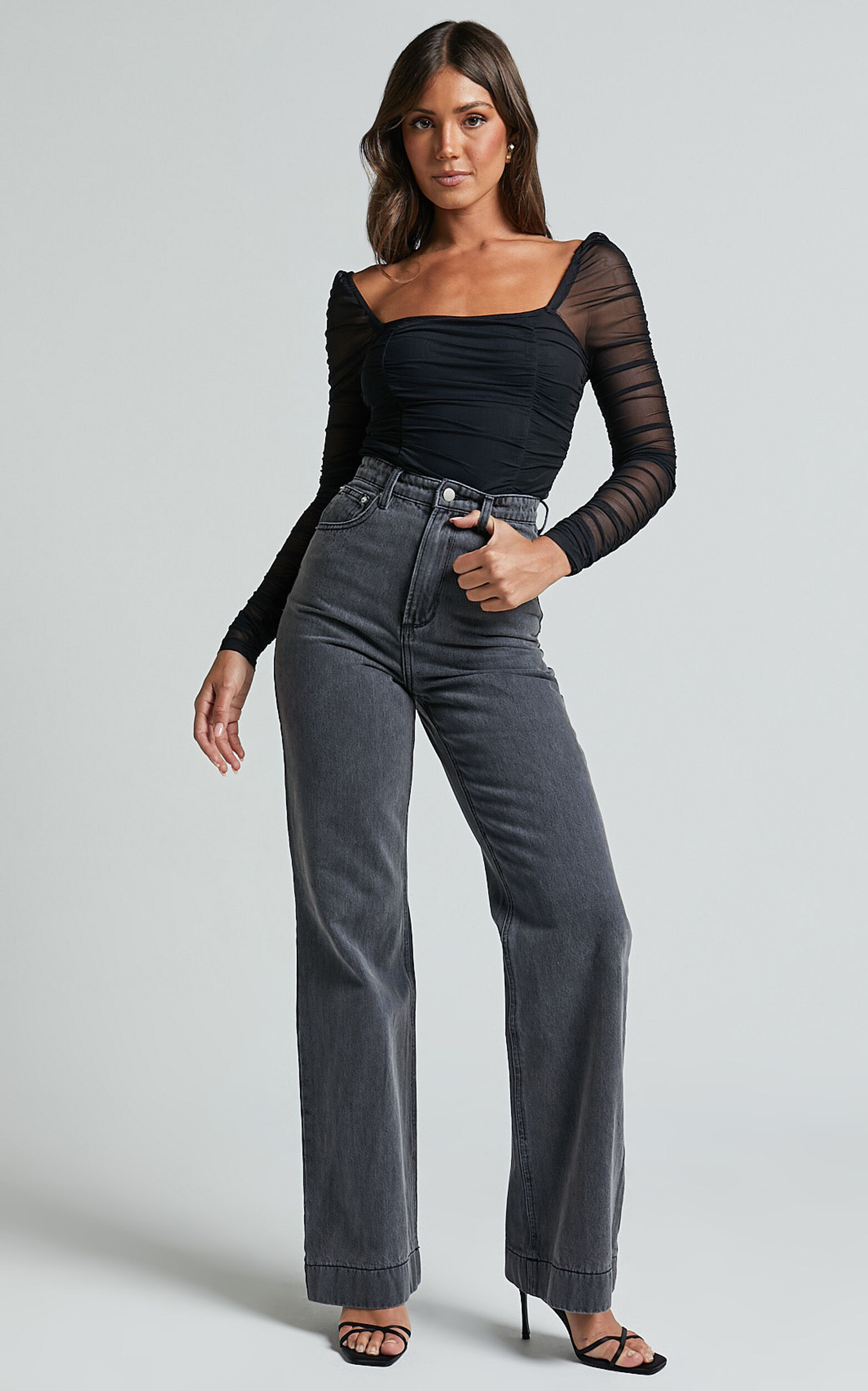 Casen Bodysuit - Long Sleeve Ruched Mesh Bodysuit in Black
