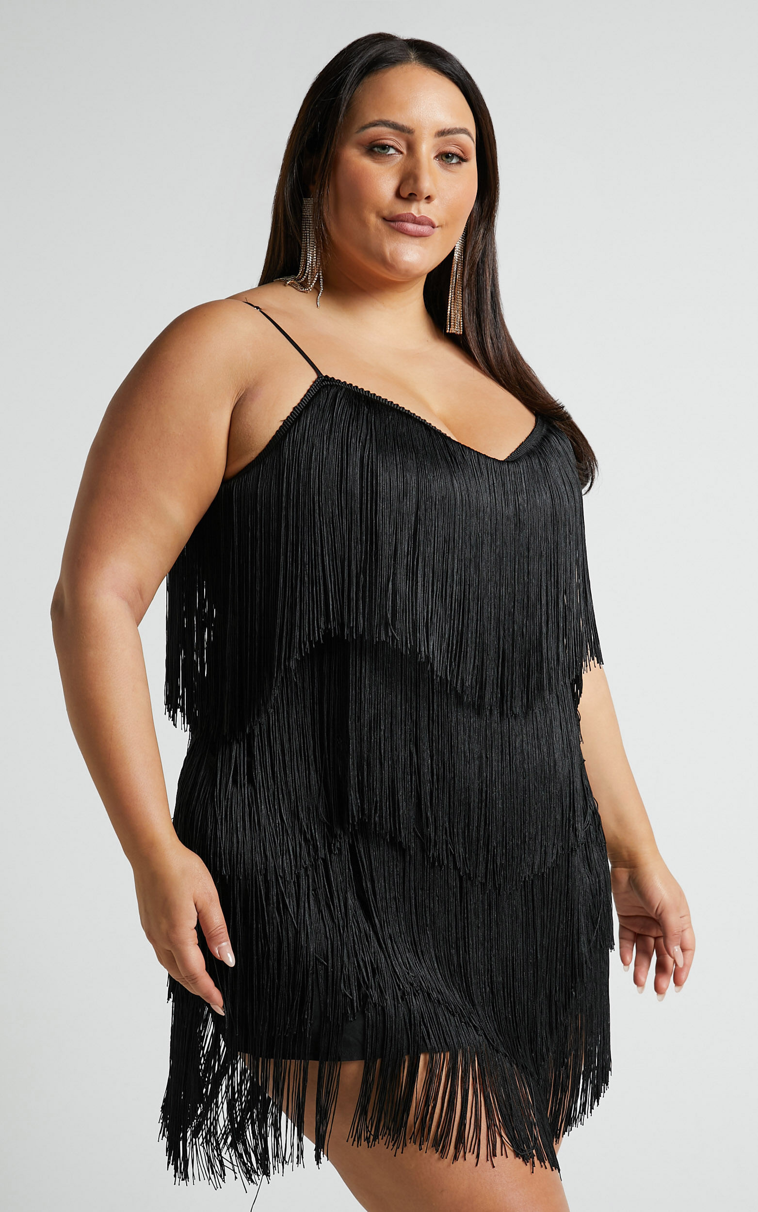Siofra Mini Dress - Zig Zag Fringe Dress in Black