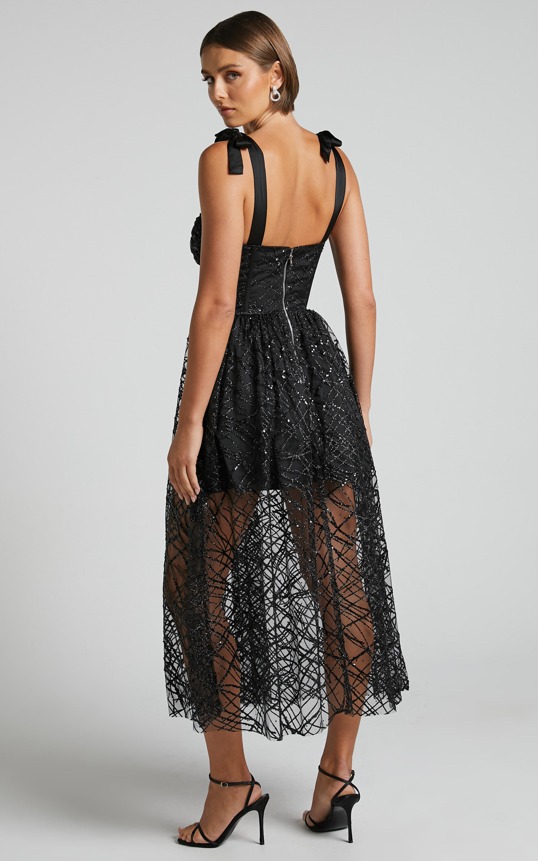 Rimea Midi Dress - Tie Shoulder Bustier Bodice Glitter Tulle Dress in Black