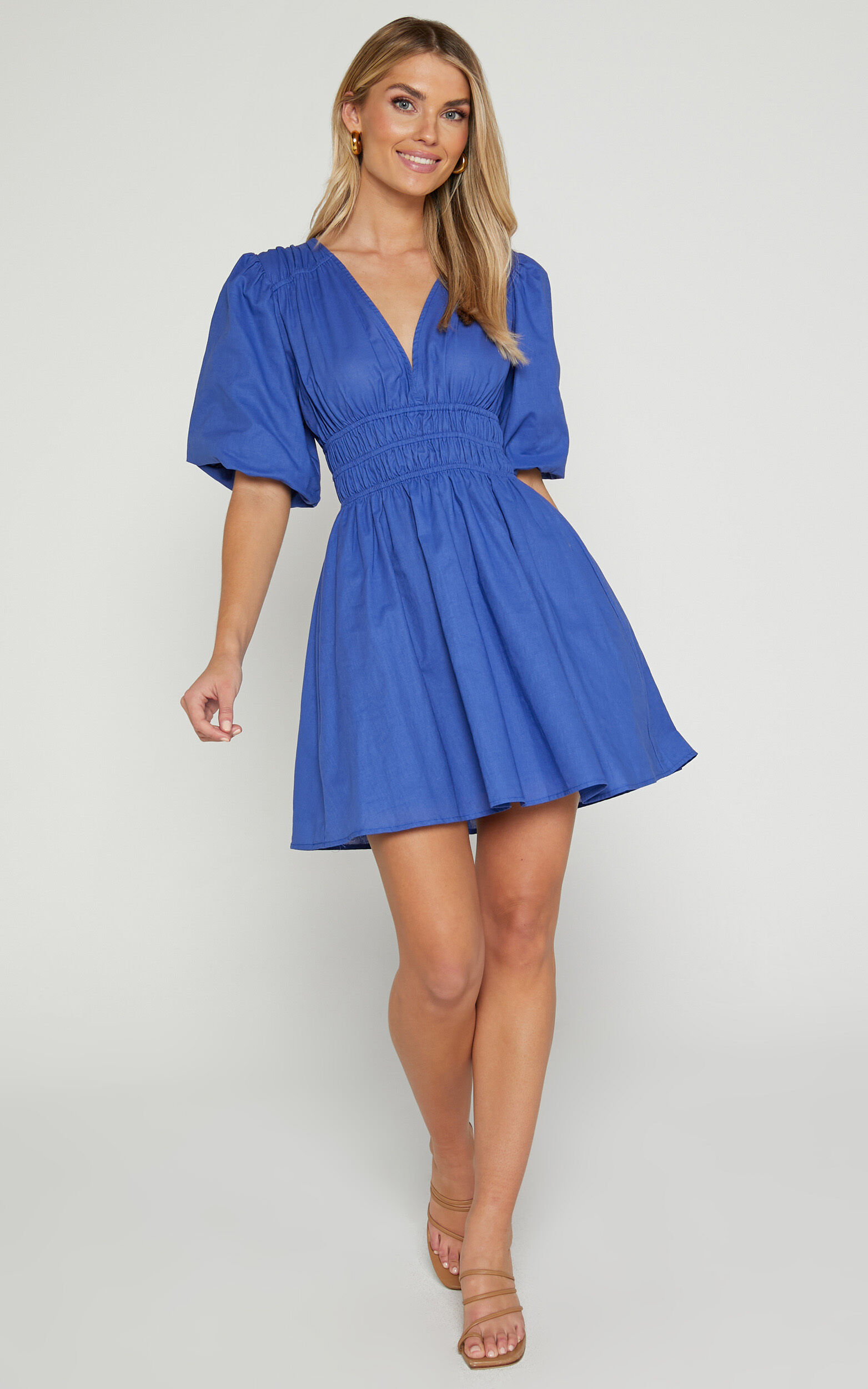 Francesca V Neck Puff Sleeves Mini Dress in Cornflower Blue