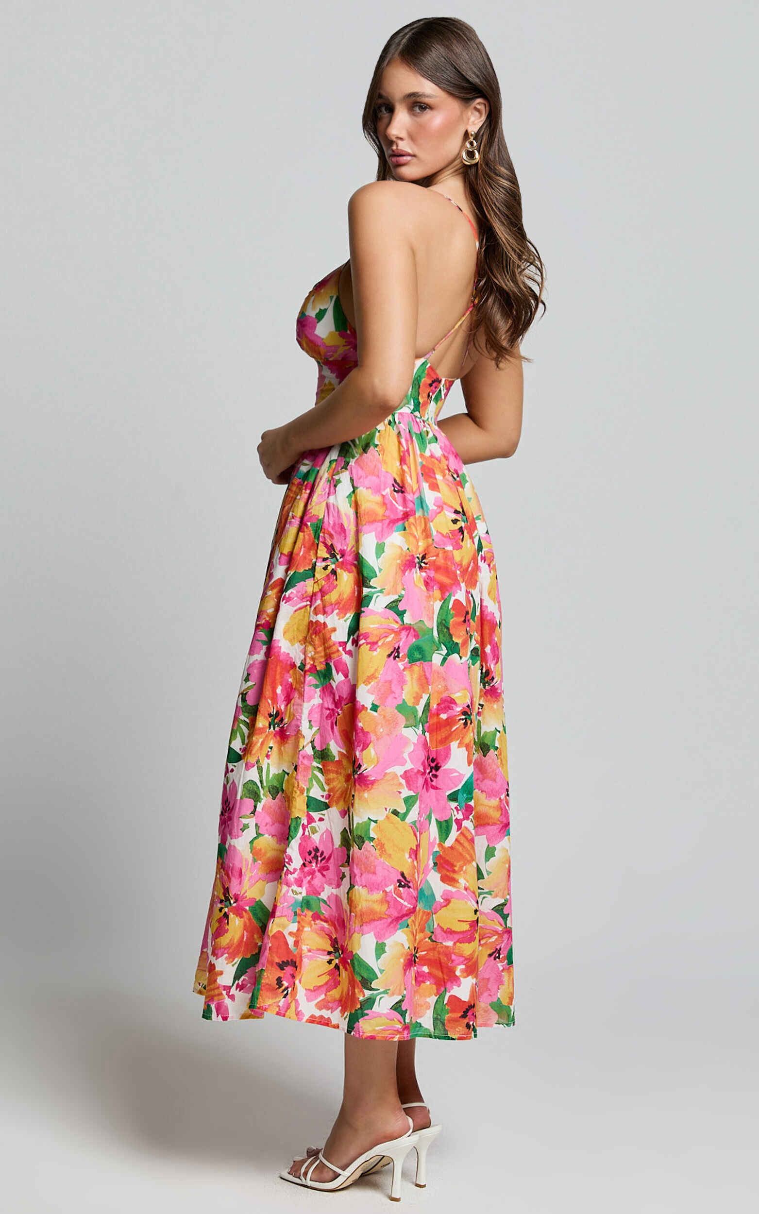 Shairah Midi Dress - Cross Back Gathered Sweetheart Dress in Bloom