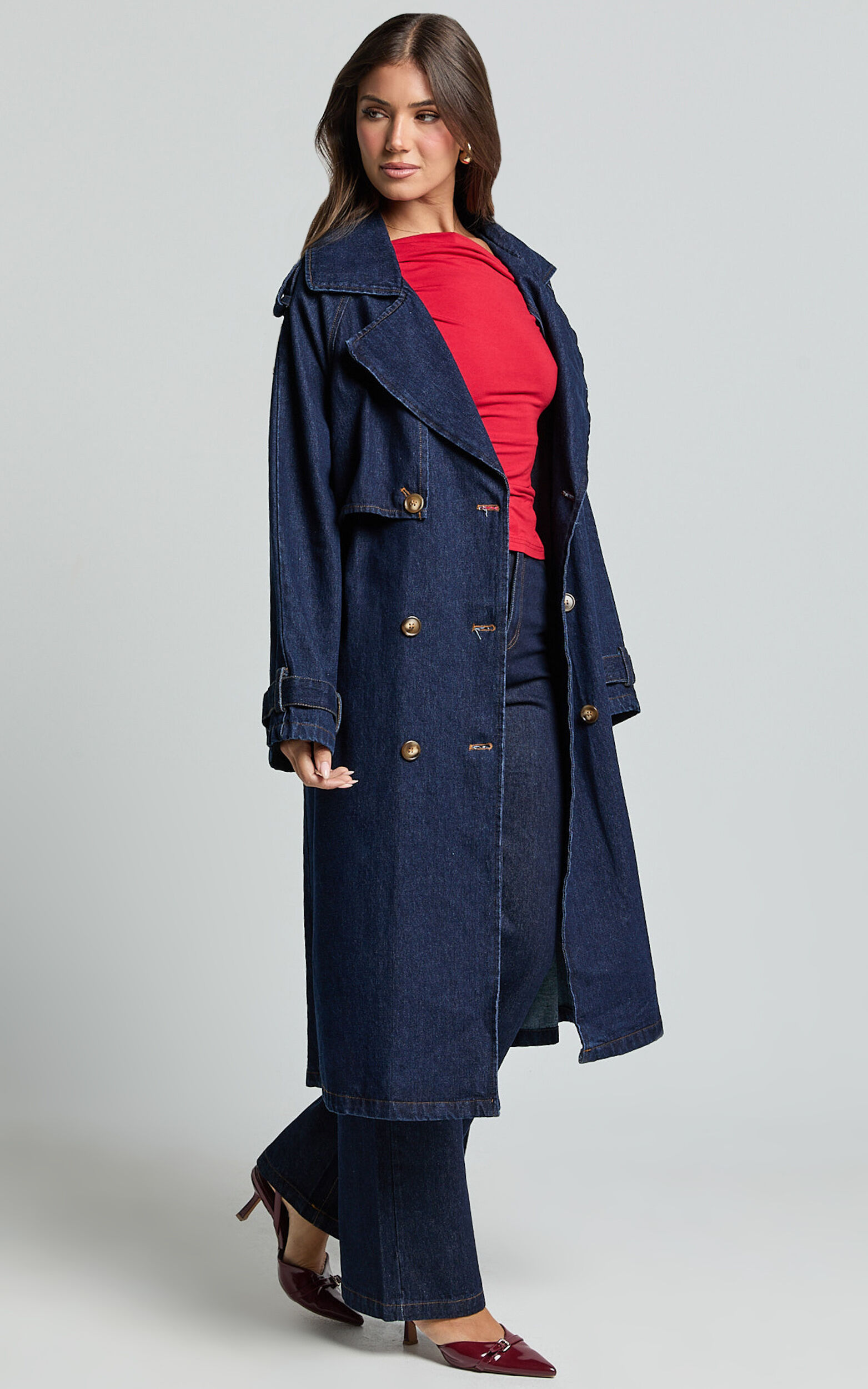 Vinnie Trench Coat - Denim Washed Trench Coat in Dark Blue Wash