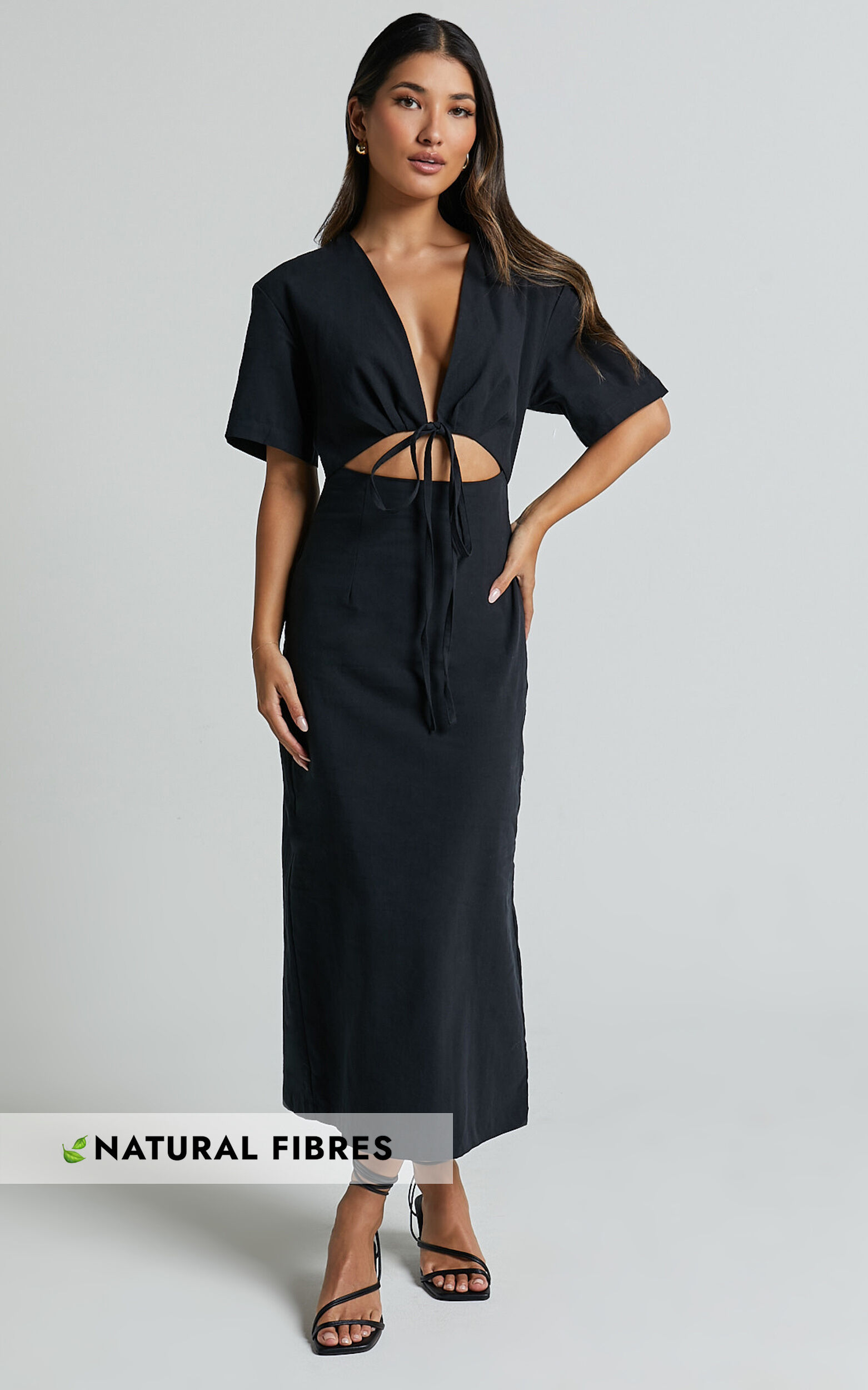 Sharon Midi Dress - Plunge Neck Short Sleeve Front Cut Out Dress in Black
