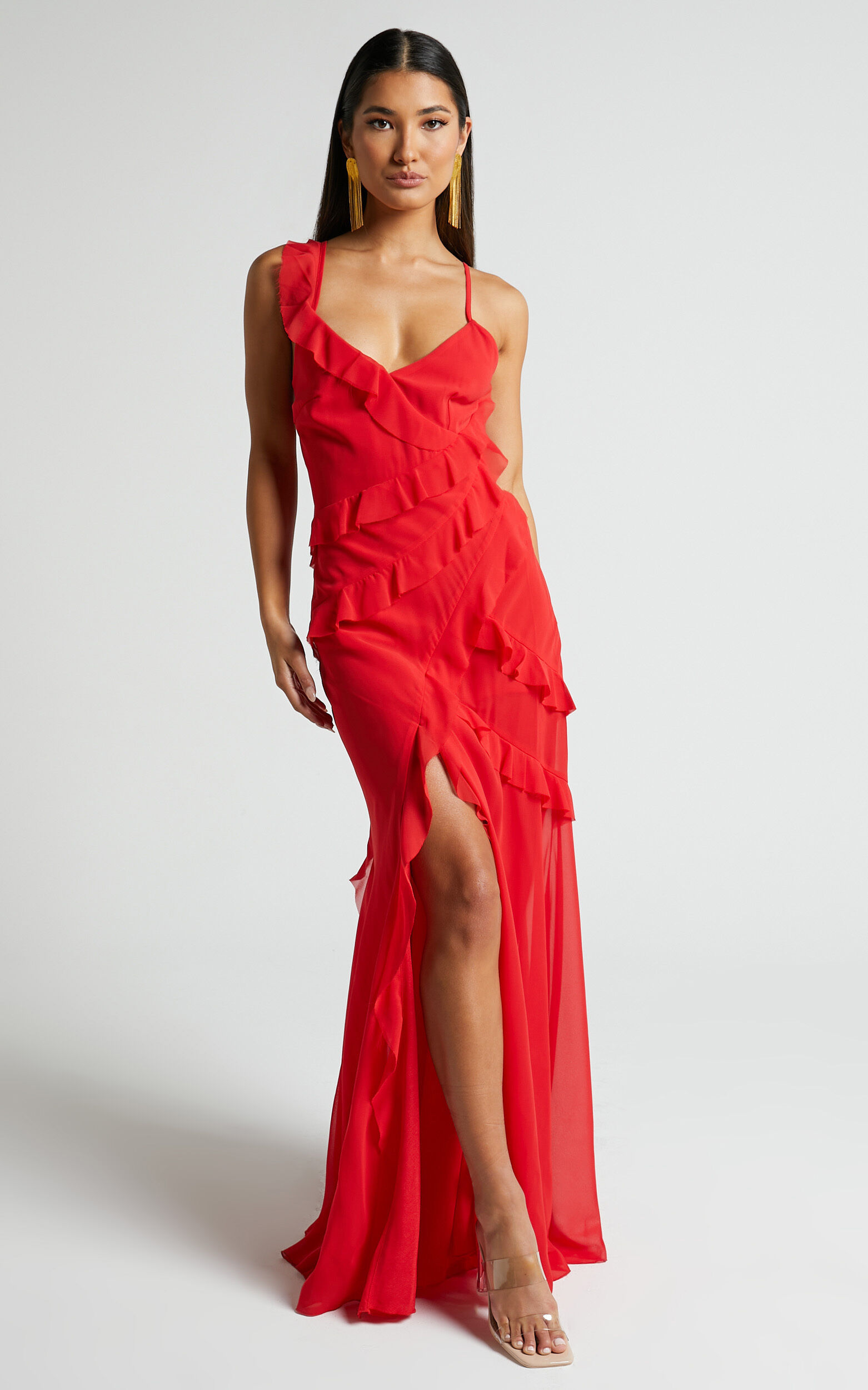 Nitha Maxi Dress - Asymmetrical Frill Thigh Split Dress in Red