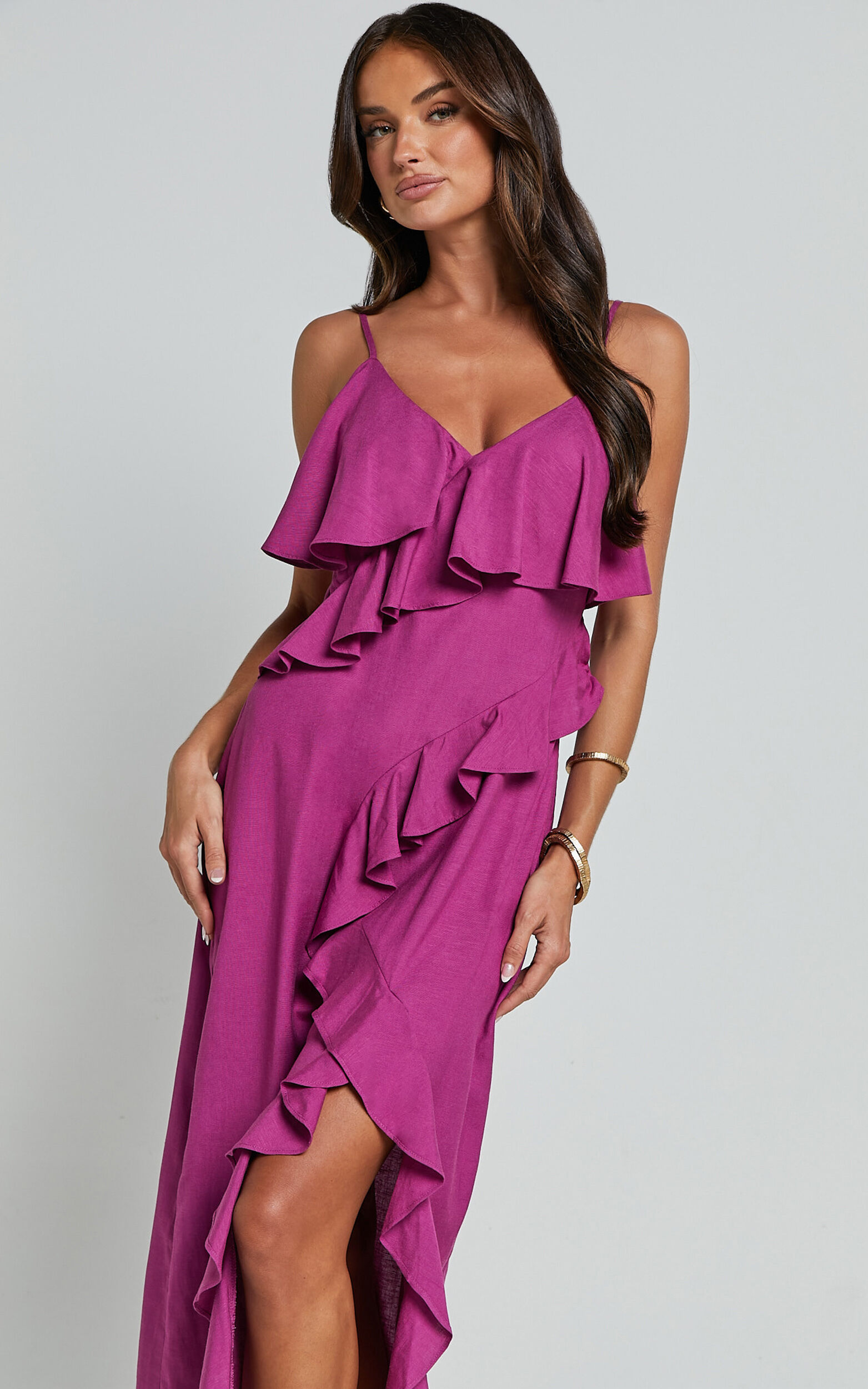Pearline Midi Dress - Linen Frill Detail Thigh Split Slip Dress in Grape