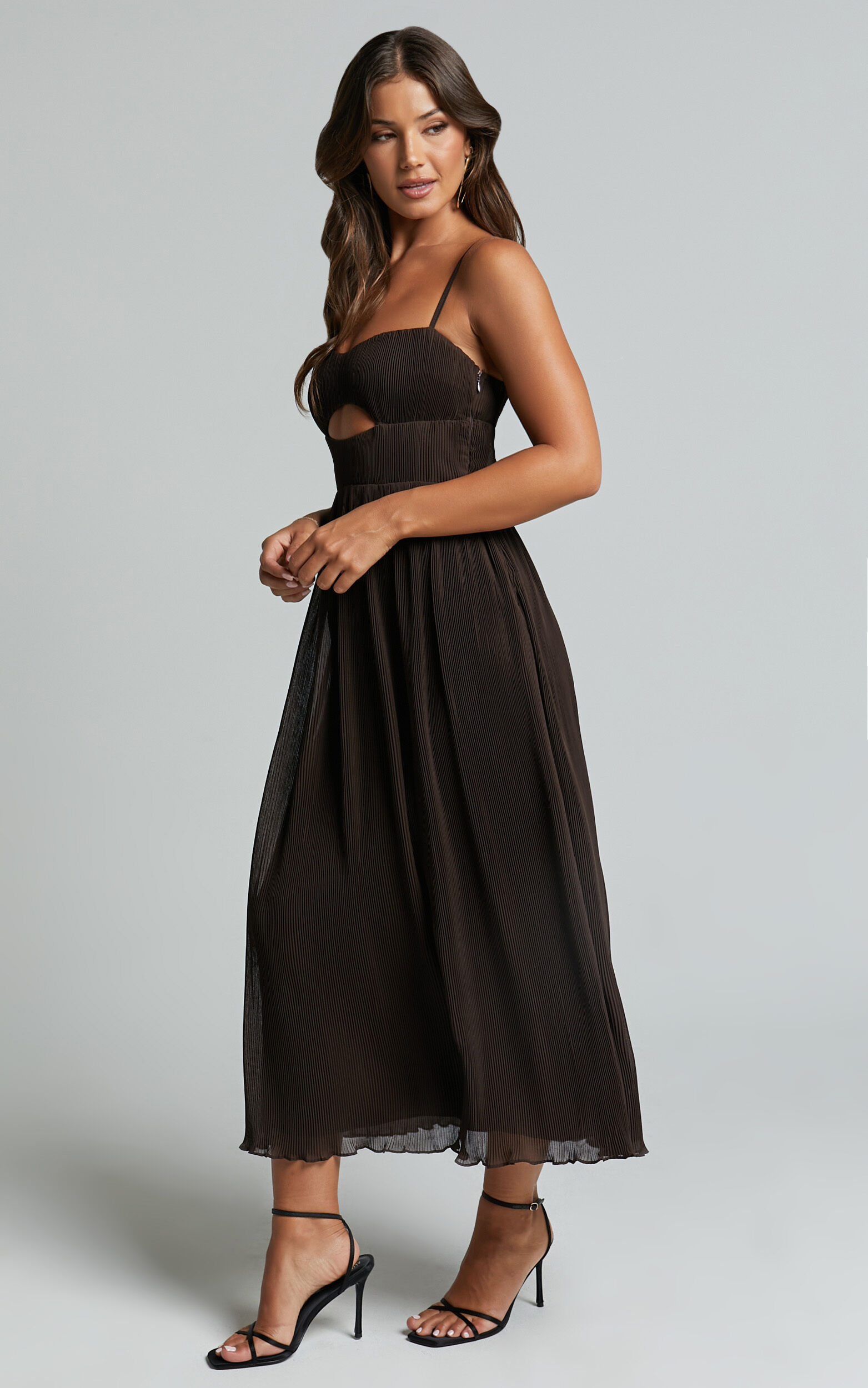 Ezri Midi Dress - Strappy Cut Out Pleated A Line Dress in Chocolate