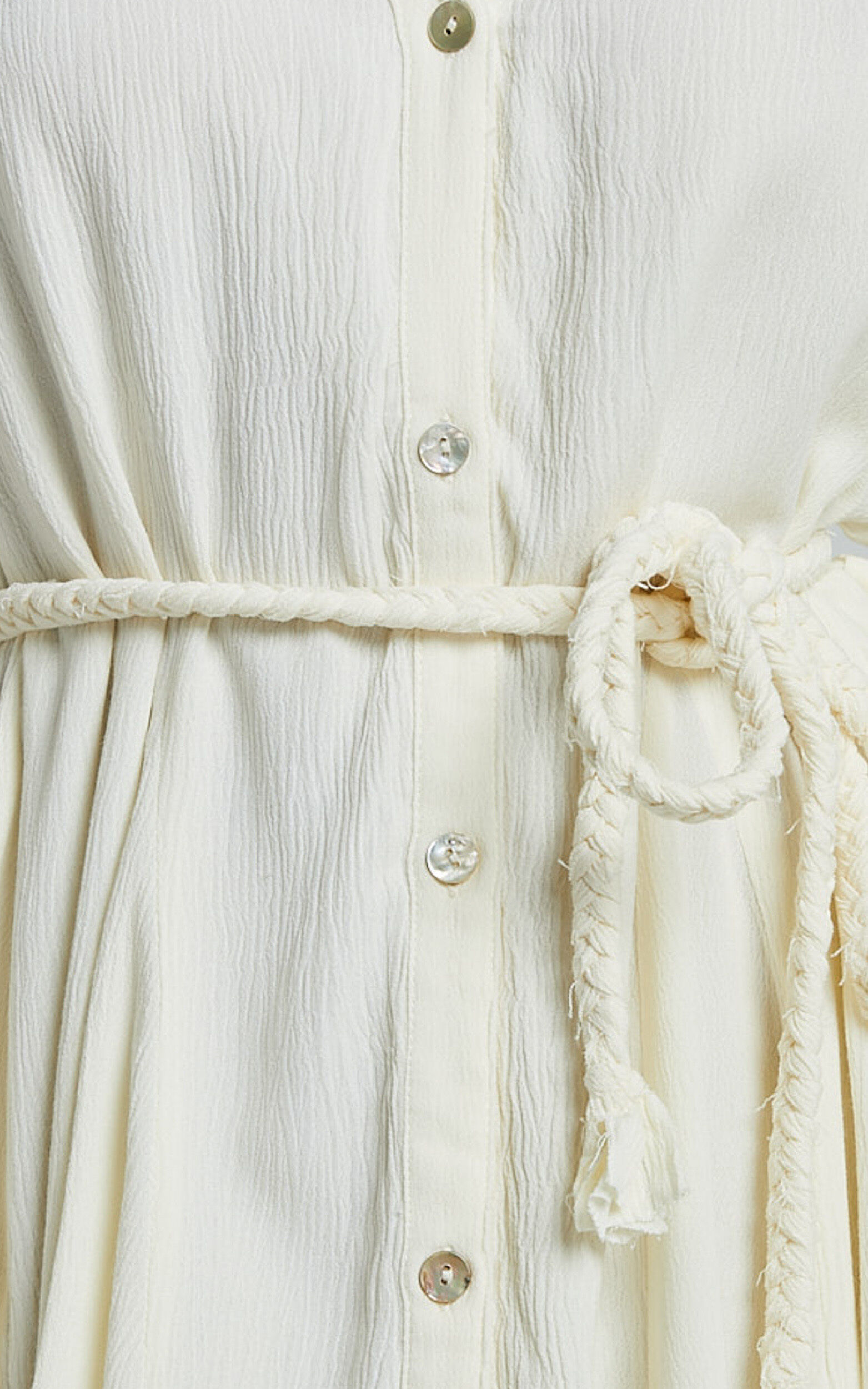 Cathe Mini Dress - V Neck Button Through Short Flutter Sleeve Tie Waist in Off White