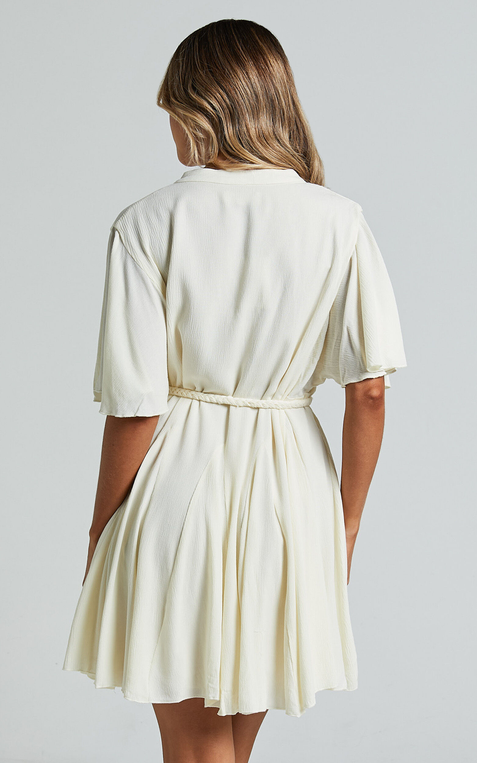 Cathe Mini Dress - V Neck Button Through Short Flutter Sleeve Tie Waist in Off White