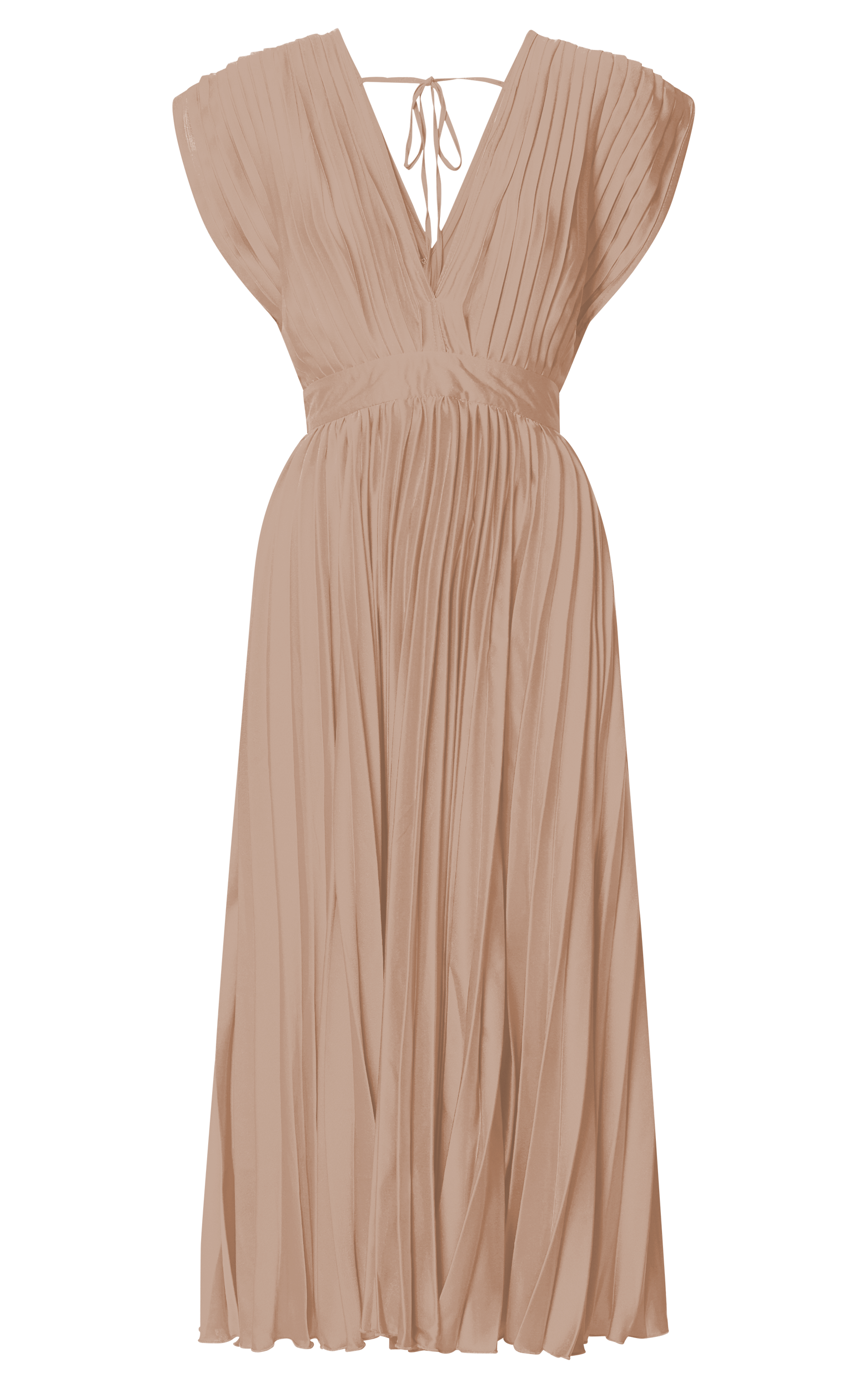 Della Midi Dress - Plunge Neck Short Sleeve Pleated Dress in Champagne