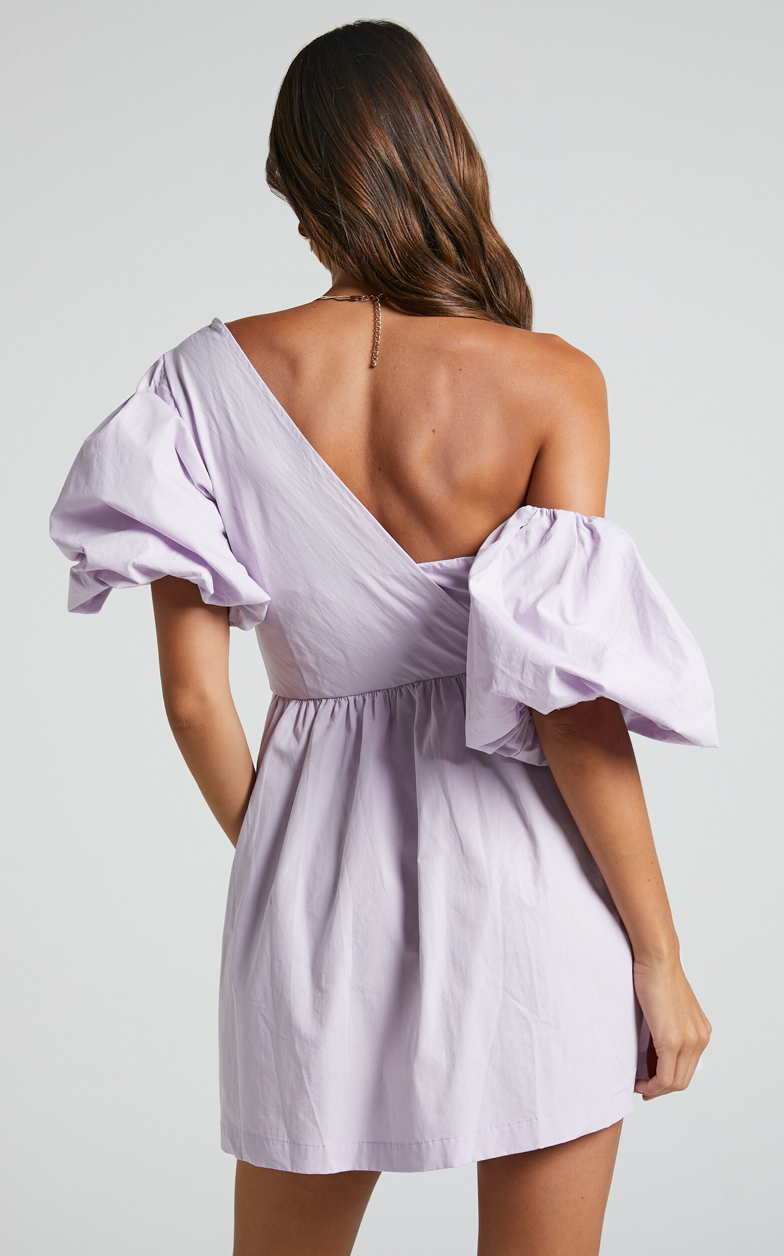 Sula Mini Dress - Asymmetric Off One Shoulder Puff Sleeve Dress in Lilac