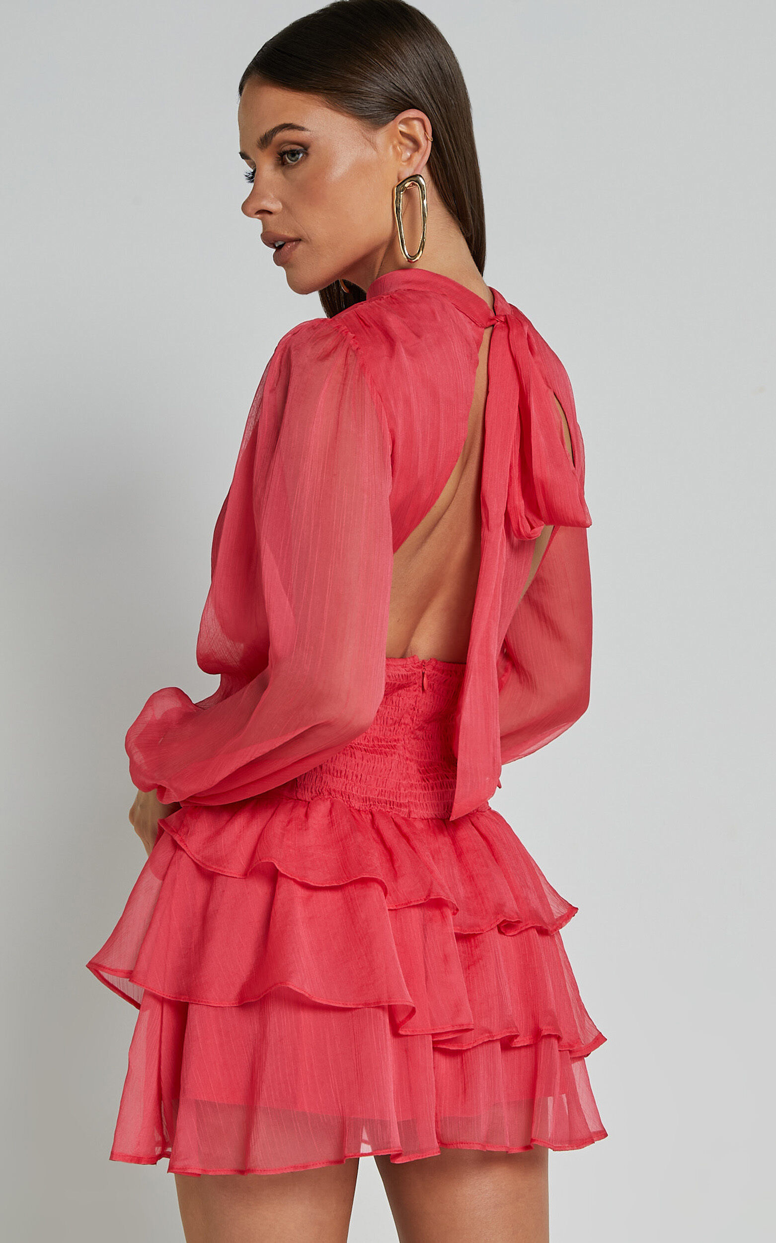 Charlize Mini Dress - High Neck Long Sleeve Layered Dress in Coral