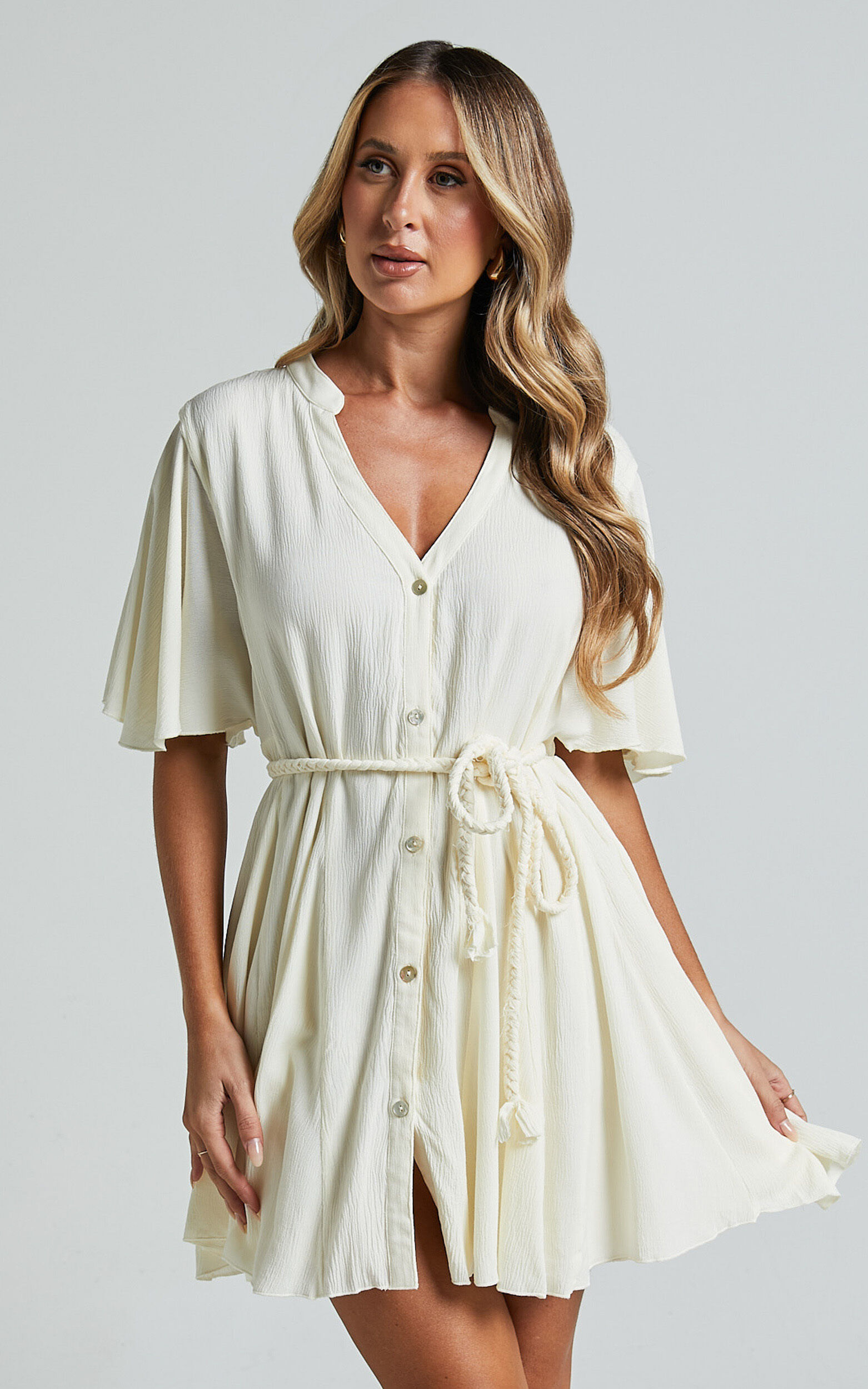 Cathe Mini Dress - V Neck Button Through Short Flutter Sleeve Tie Waist in Off White