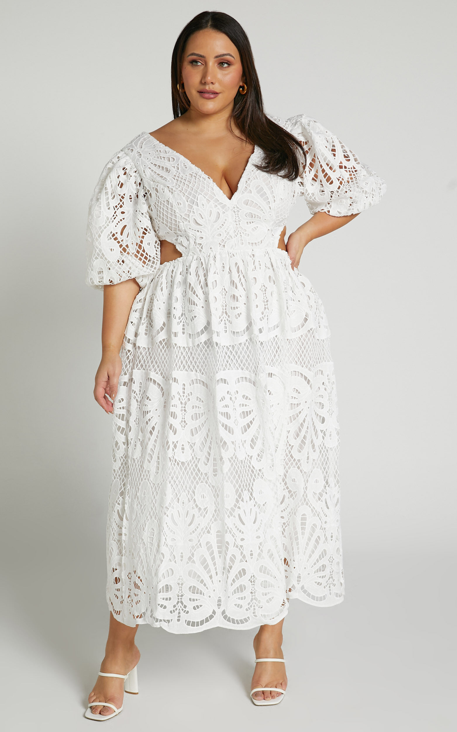 Anieshaya Midi Dress - V Neck Cut Out Lace Dress in White