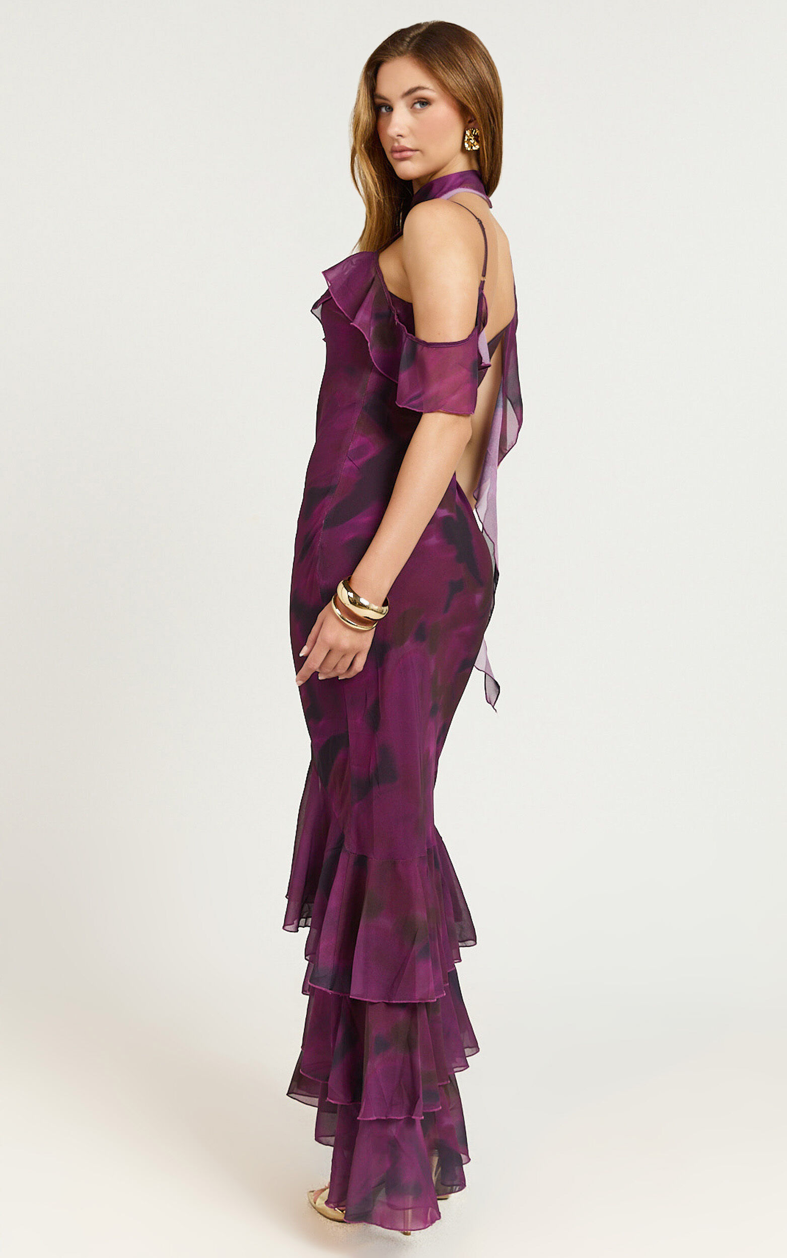 Riley Maxi Dress - Asymmetric Ruffle Detail Maxi Dress in Royal Adeana