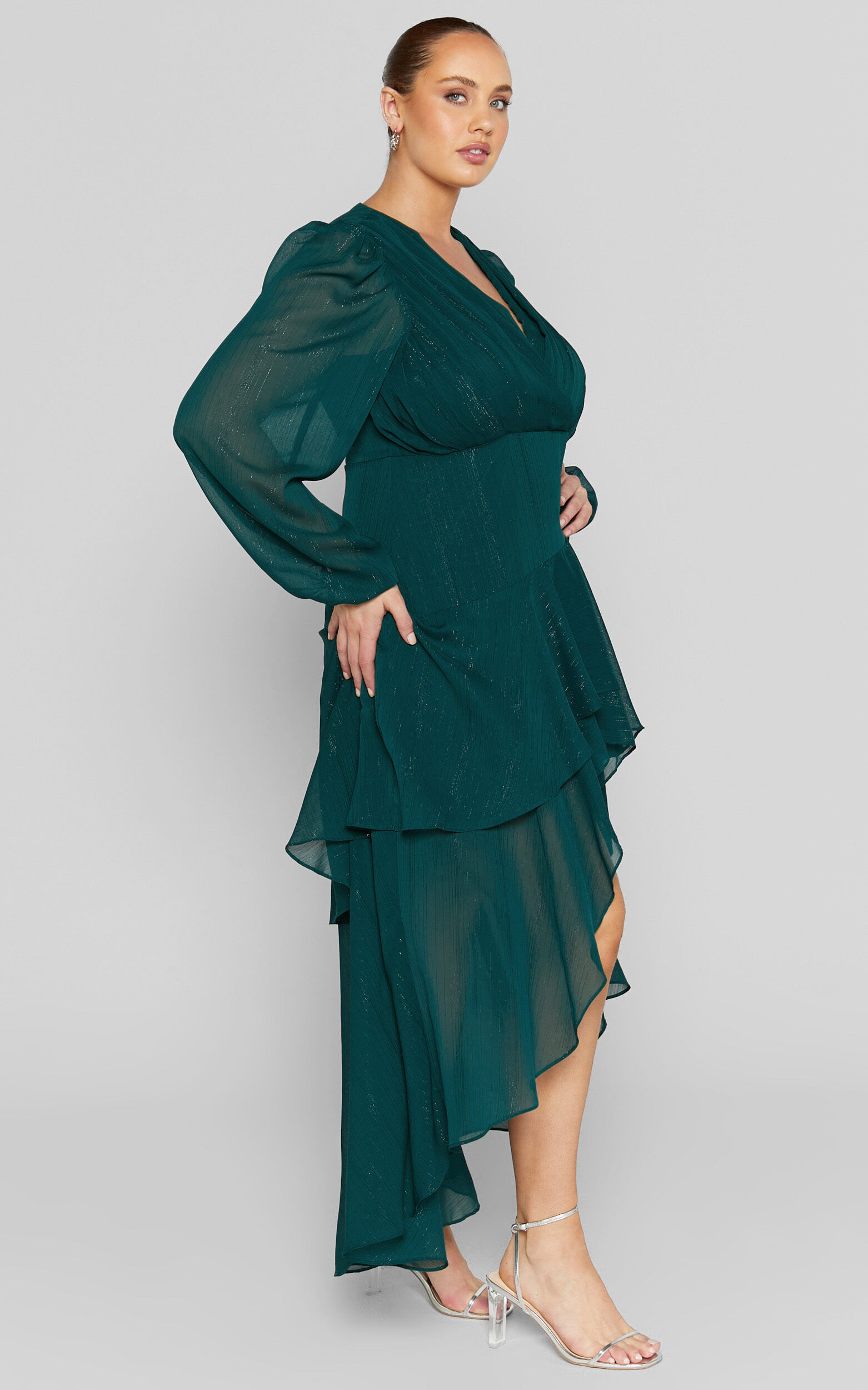 Claudita Midi Dress - Long Sleeve High Low Hem Dress in Emerald