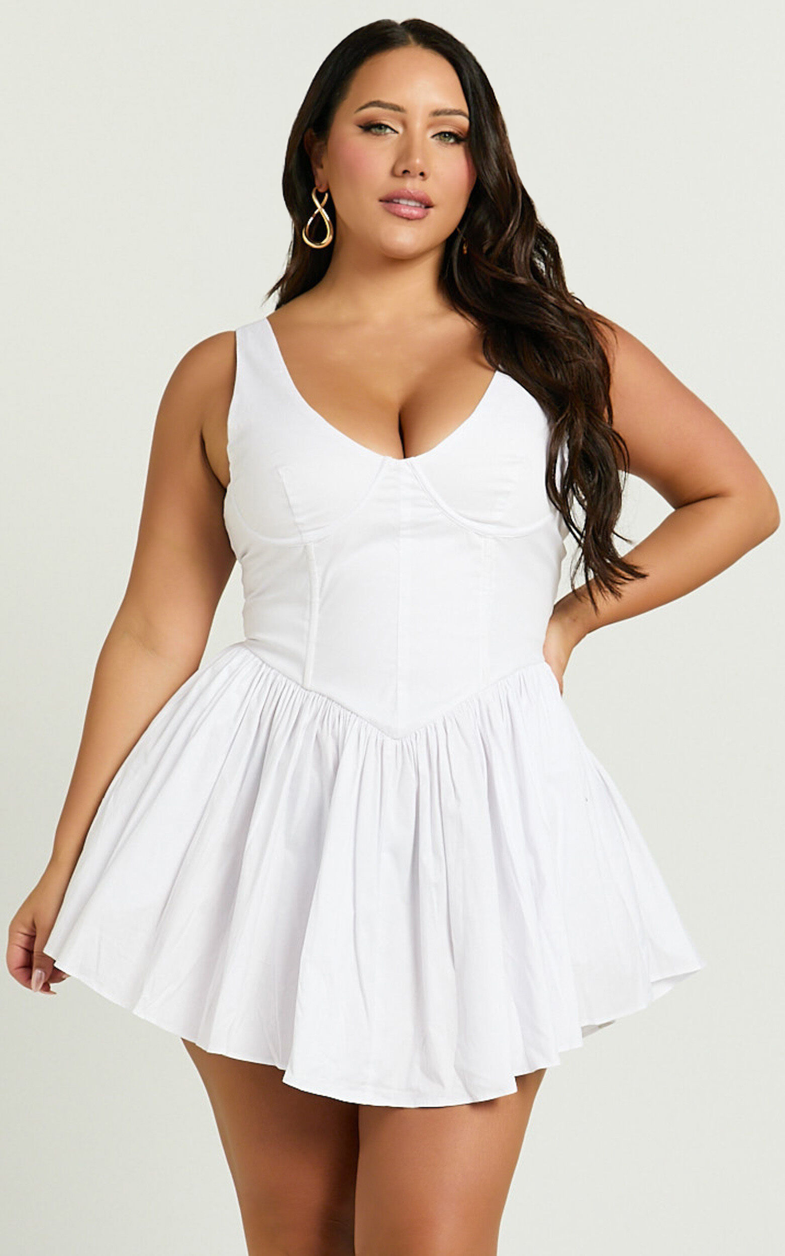 Ashlyn Mini Dress - Scoop Neck V Waist Gathered Dress in White