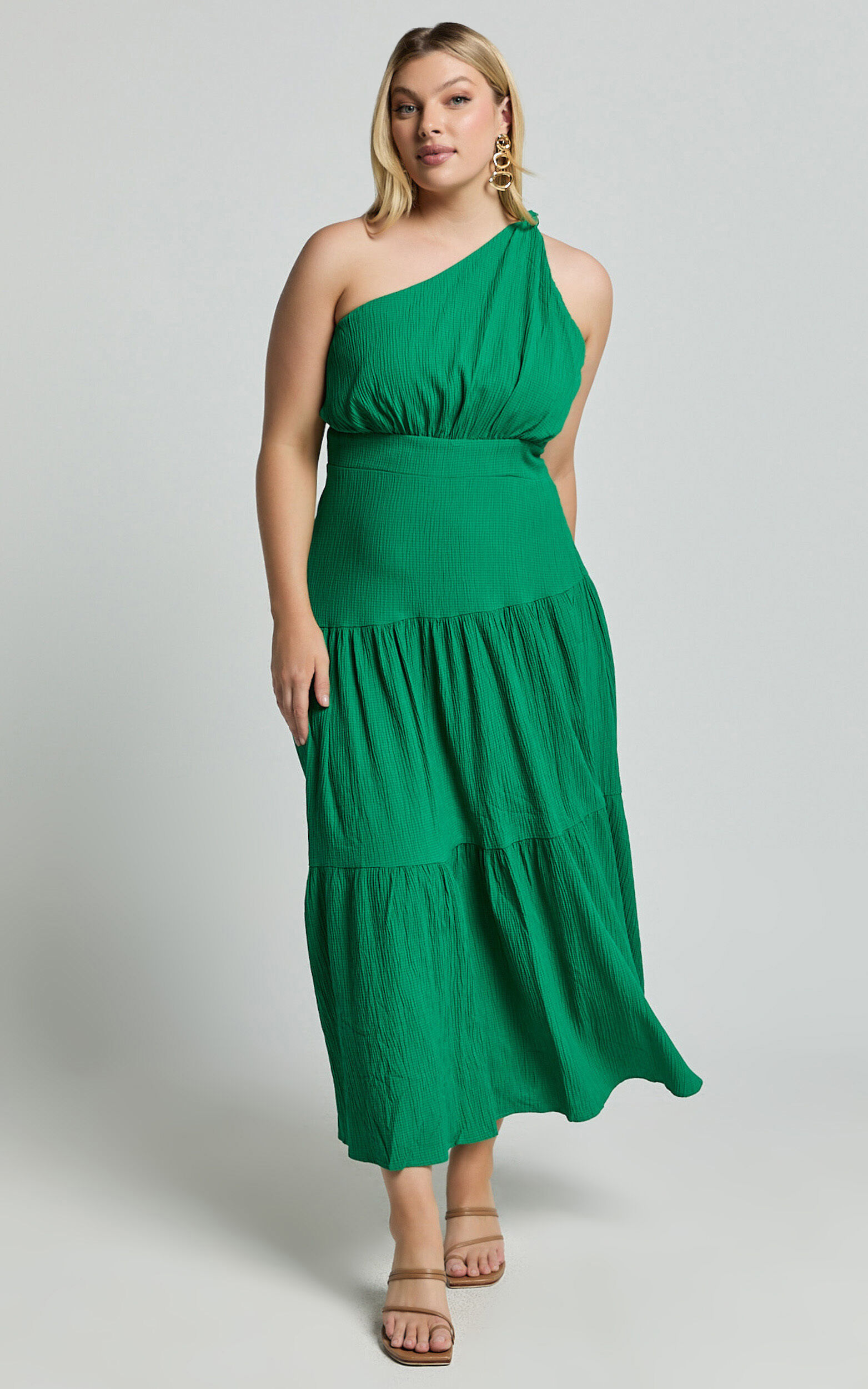 Celestia Midi Dress - Tiered One Shoulder Dress in Green