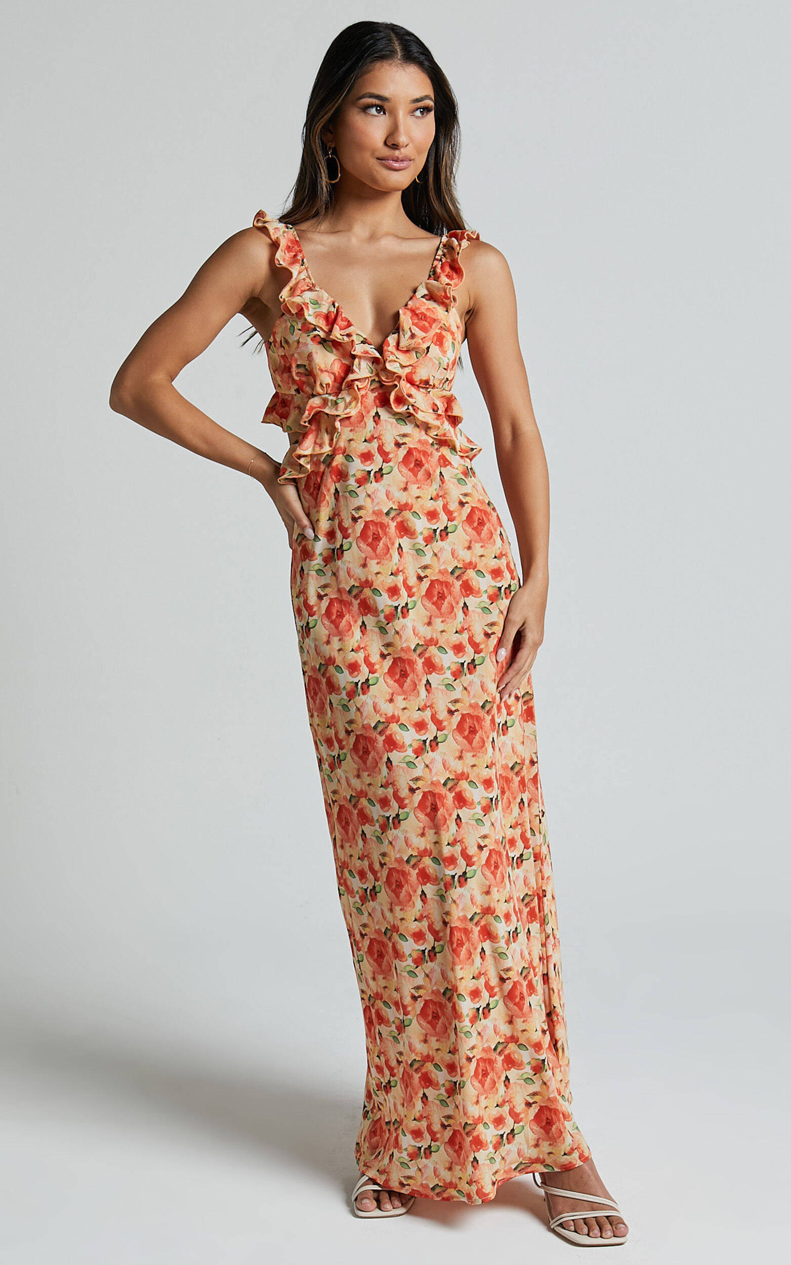 Alessa Maxi Dress - V Neck Frill Detail Empire Waist Back Cut Out Dress in Peach Floral