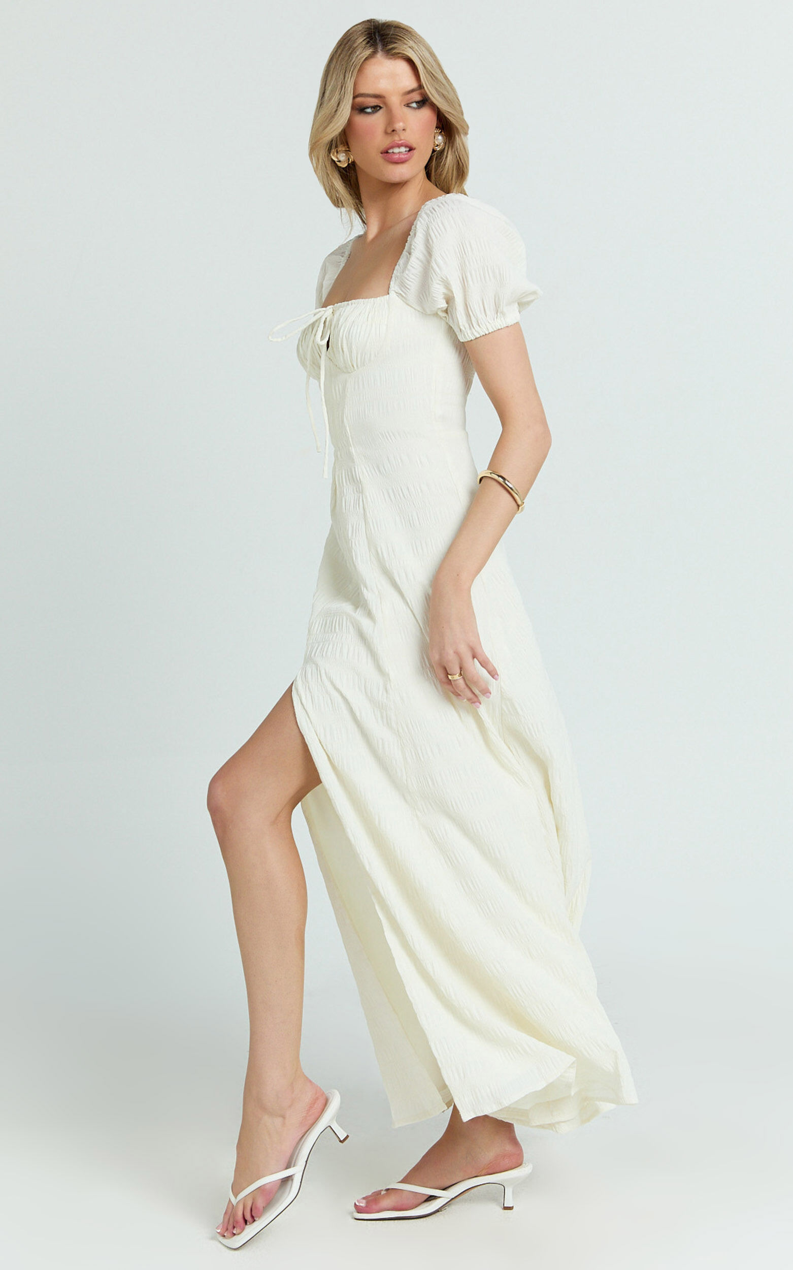 Joanne Maxi Dress - Ruched Bust Front Split Dress in Off White