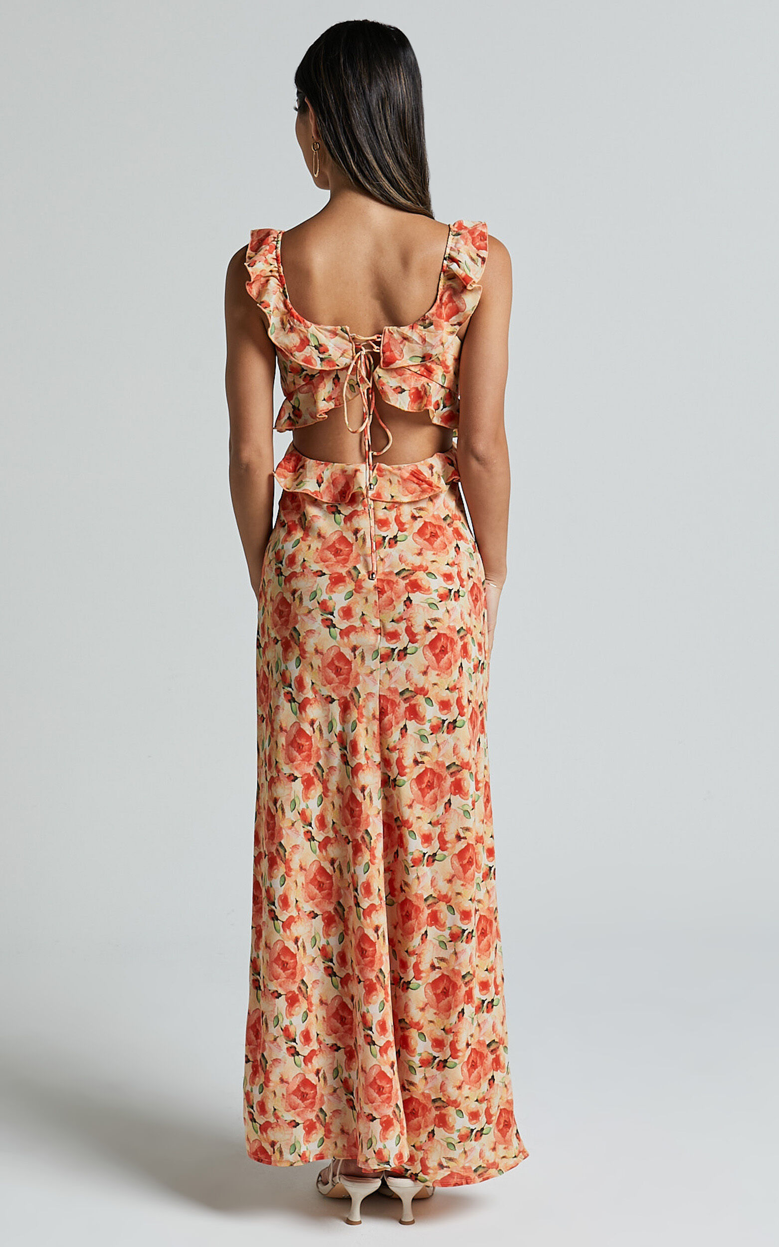 Alessa Maxi Dress - V Neck Frill Detail Empire Waist Back Cut Out Dress in Peach Floral
