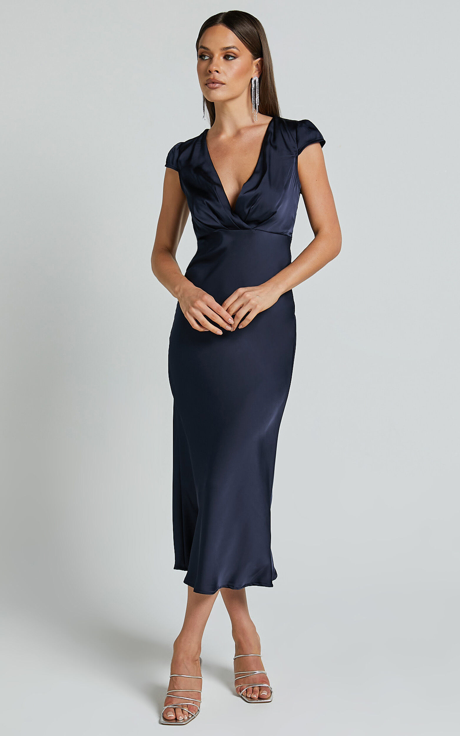 Marleen Midi Dress - Wrap Front Cap Sleeve Satin Bias Cut Dress in Midnight Blue