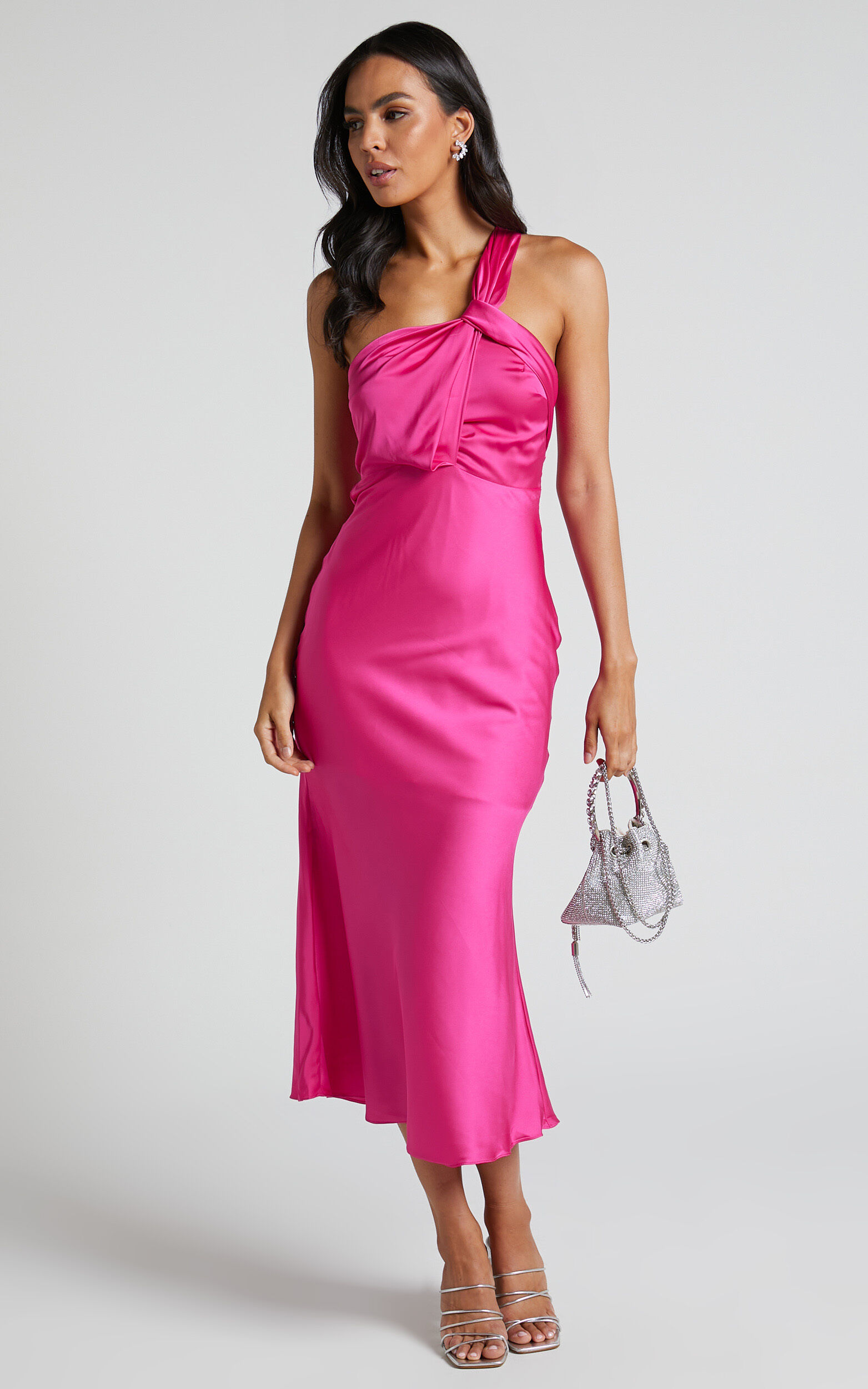 Carmella Midi Dress - One Shoulder Twist Detail Dress in Fuchsia