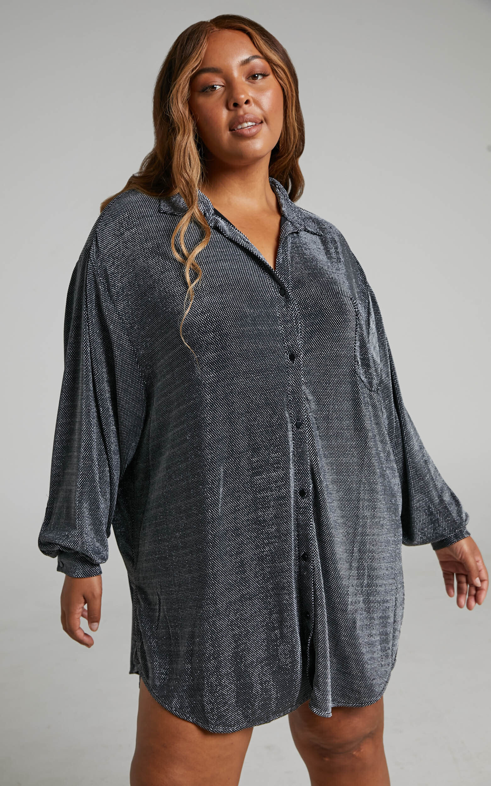 Ruri Mini Dress - Sparkly Oversized Shirt Dress in Black and Silver