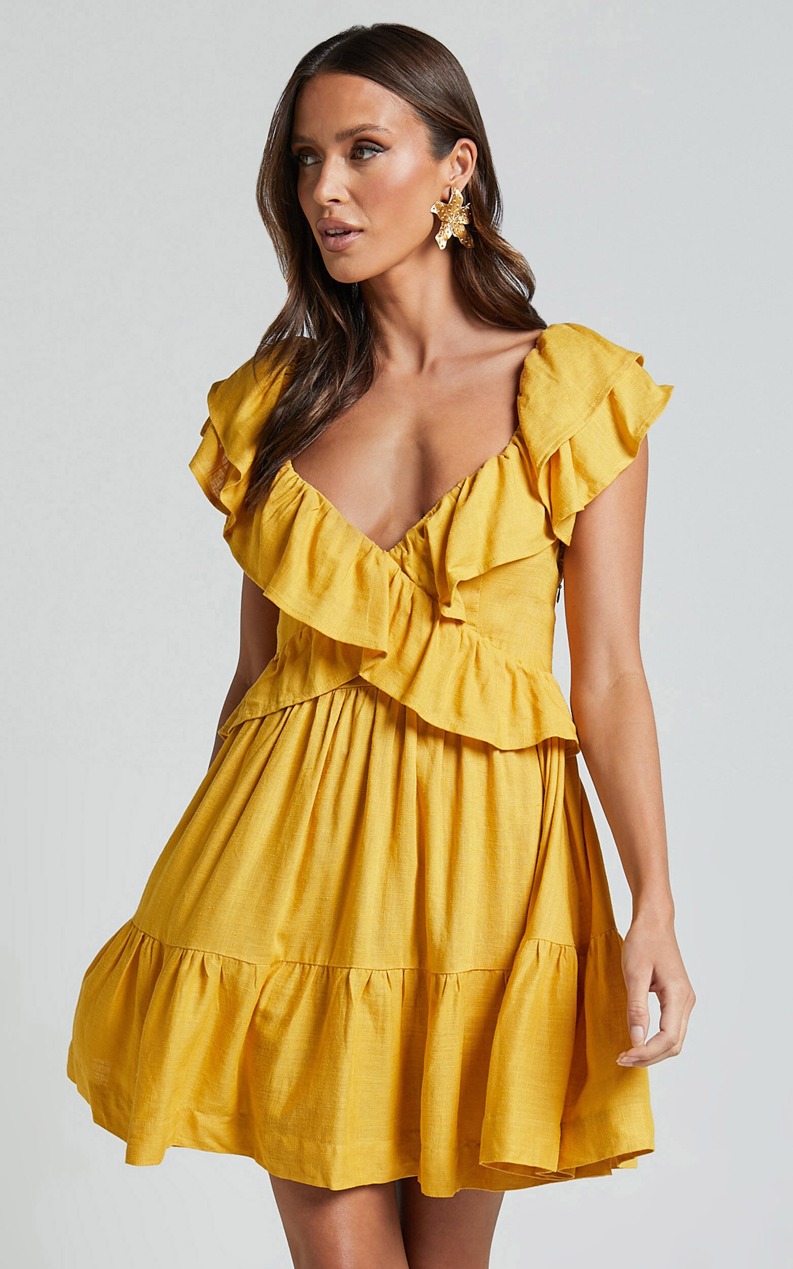 Amalie The Label - Hescia Linen Blend Frill Detail Low Back Mini Dress in Warm Yellow Gold