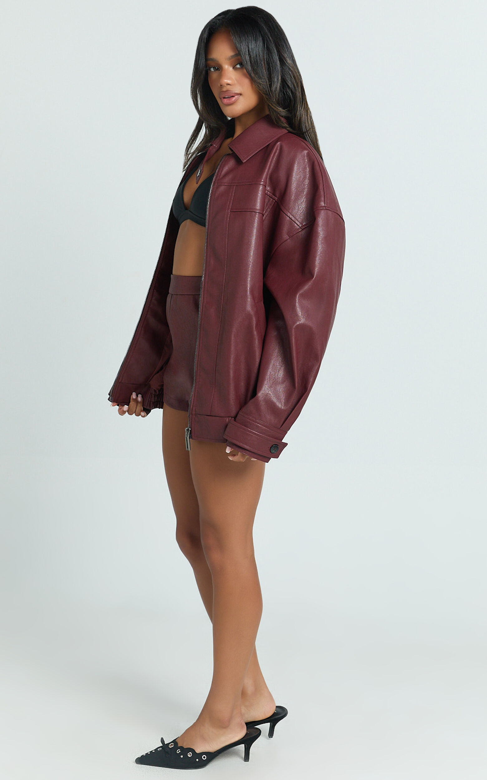Rosetta Jacket - Oversized Faux Leather Bomber Jacket in Wine