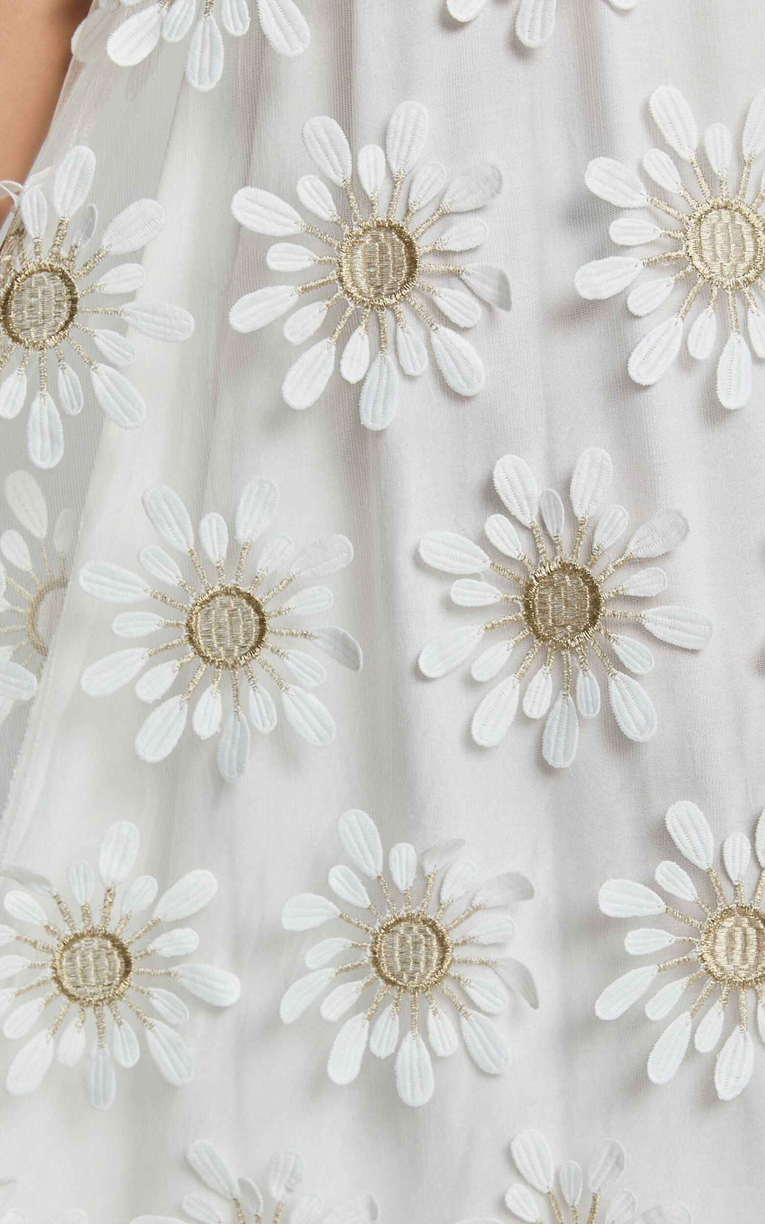 Candice Midi Dress - Straight Neck Floral Embroidery Detail Shift Dress in White