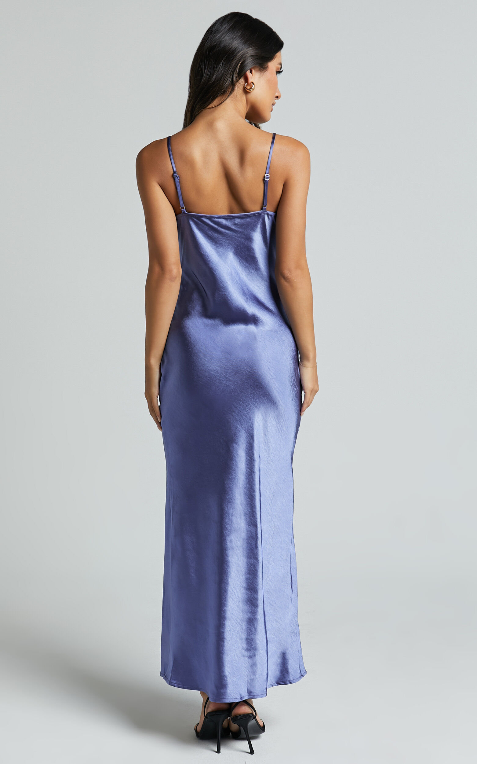 Ofeliya Midi Dress - Lace Trim Satin Slip Dress in Cornflower Blue