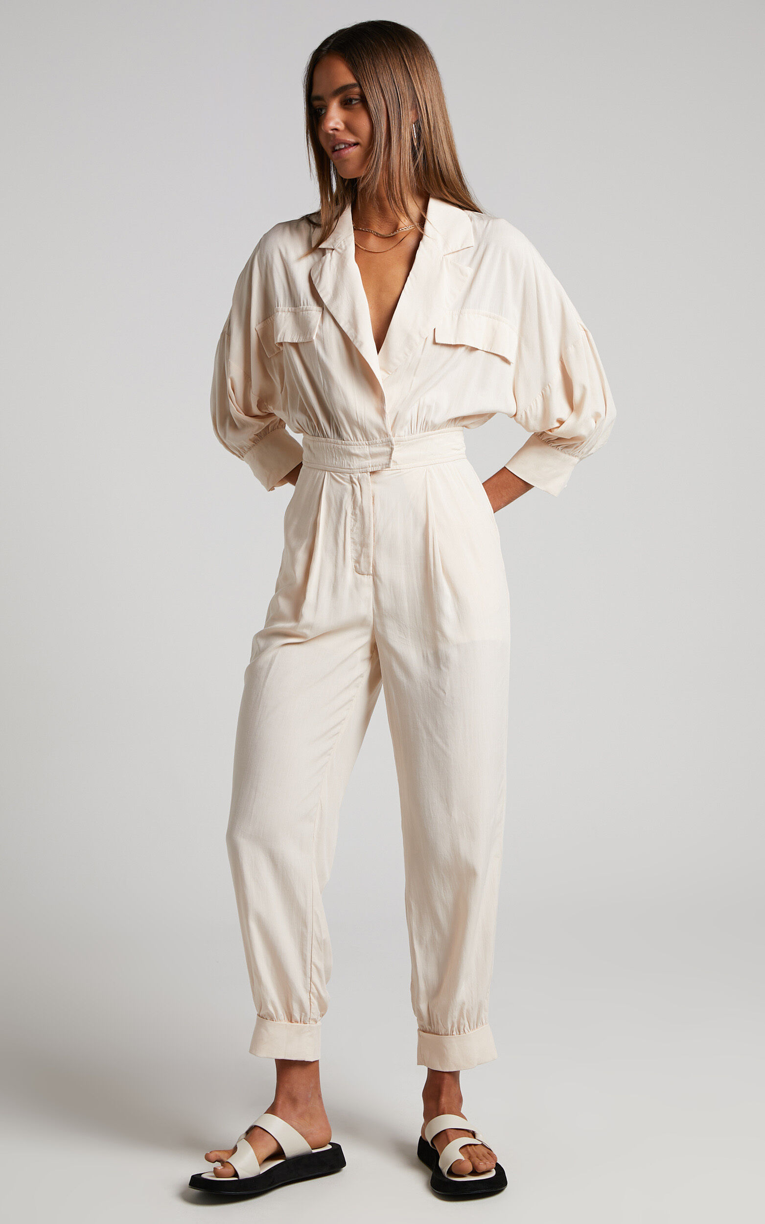 Ayelin Jumpsuit - Linen Relaxed 3/4 Sleeve Jumpsuit in Cream