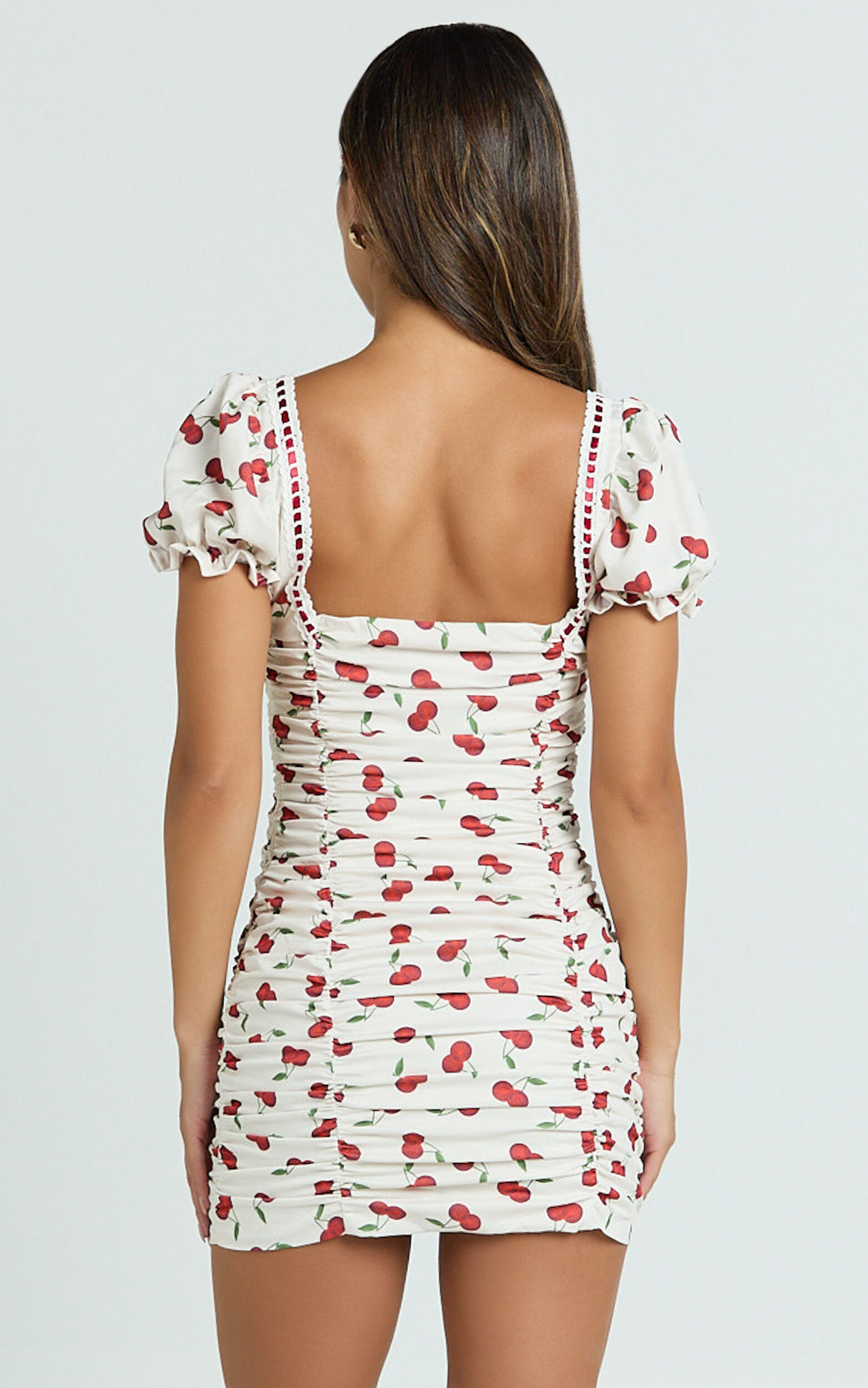 Bailey Mini Dress - Recycled Cherry Print Cap Sleeve Ruched Bust Bodycon Dress in Blushing Cherries Print