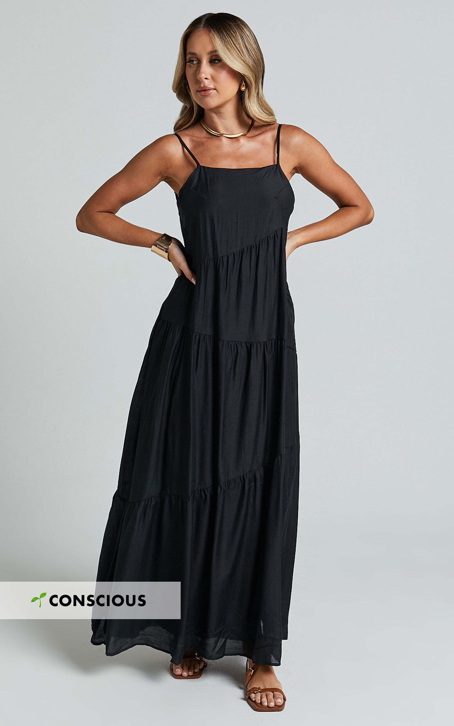 Cecila Midi Dress - Straight Neckline Sleeveless Dress in Black