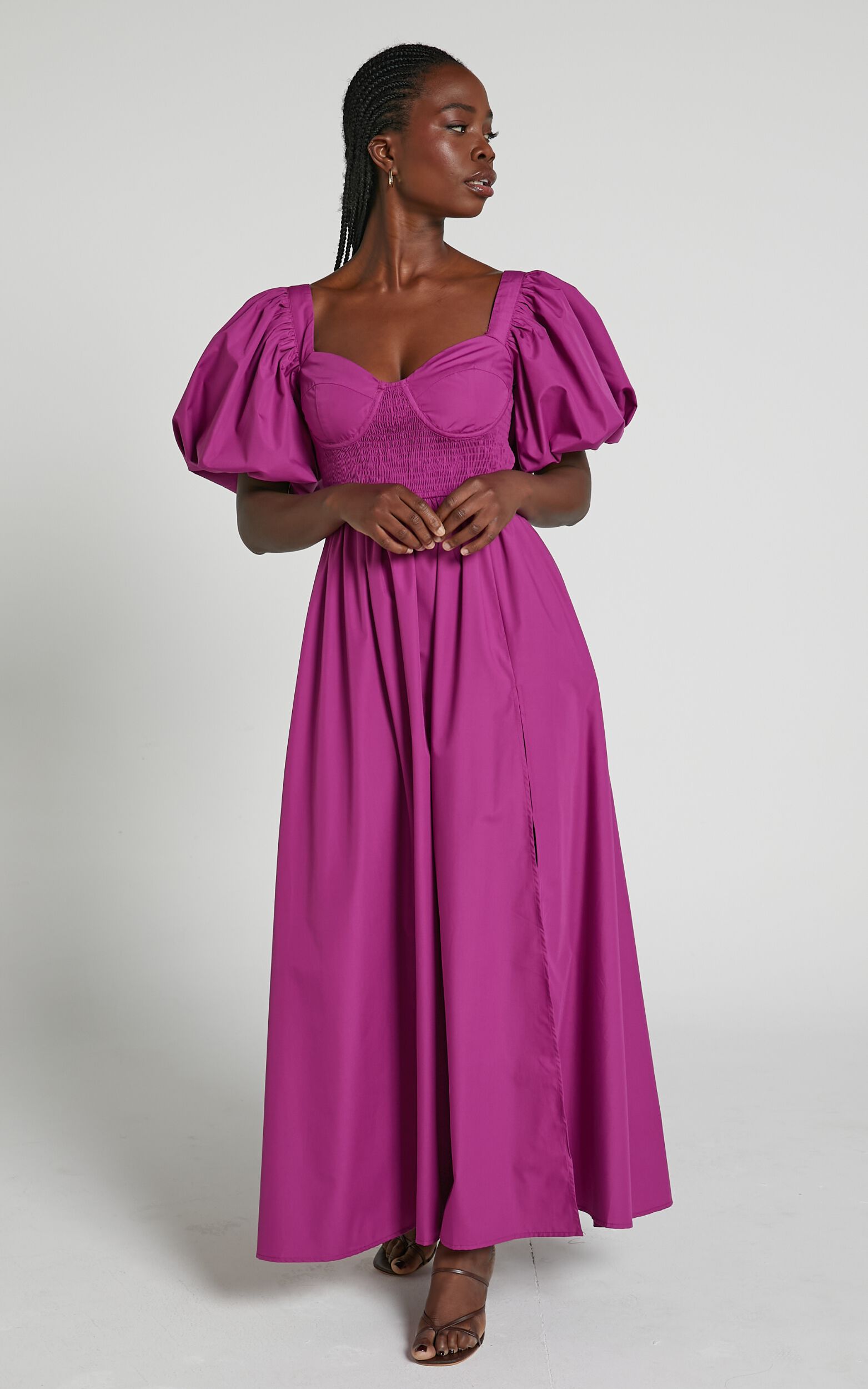 Raiza Midi Dress - Shirred Waist Puff Sleeve Dress in Orchid