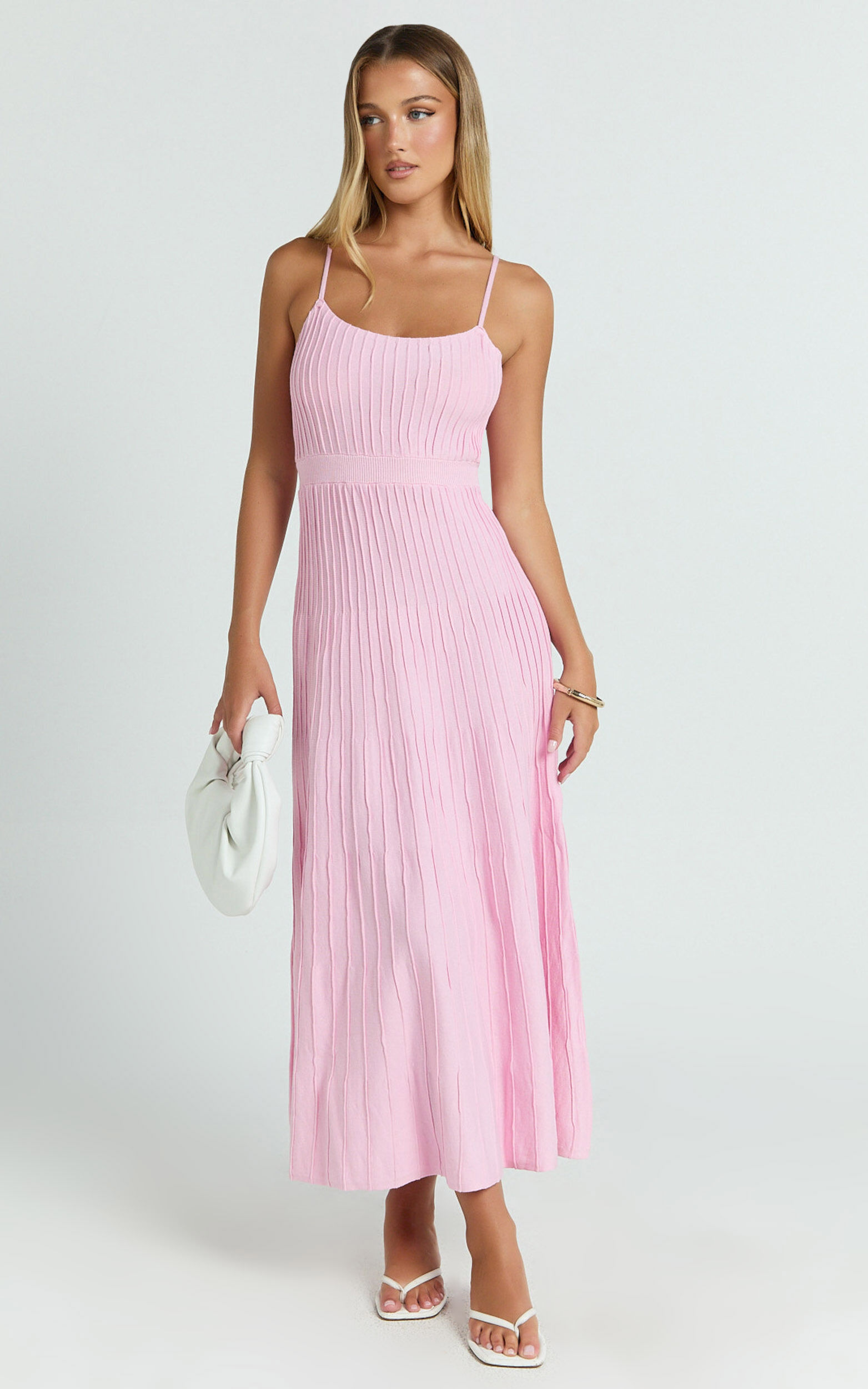 Donissa Midi Dress - Panelled Knit Dress in Pale Pink