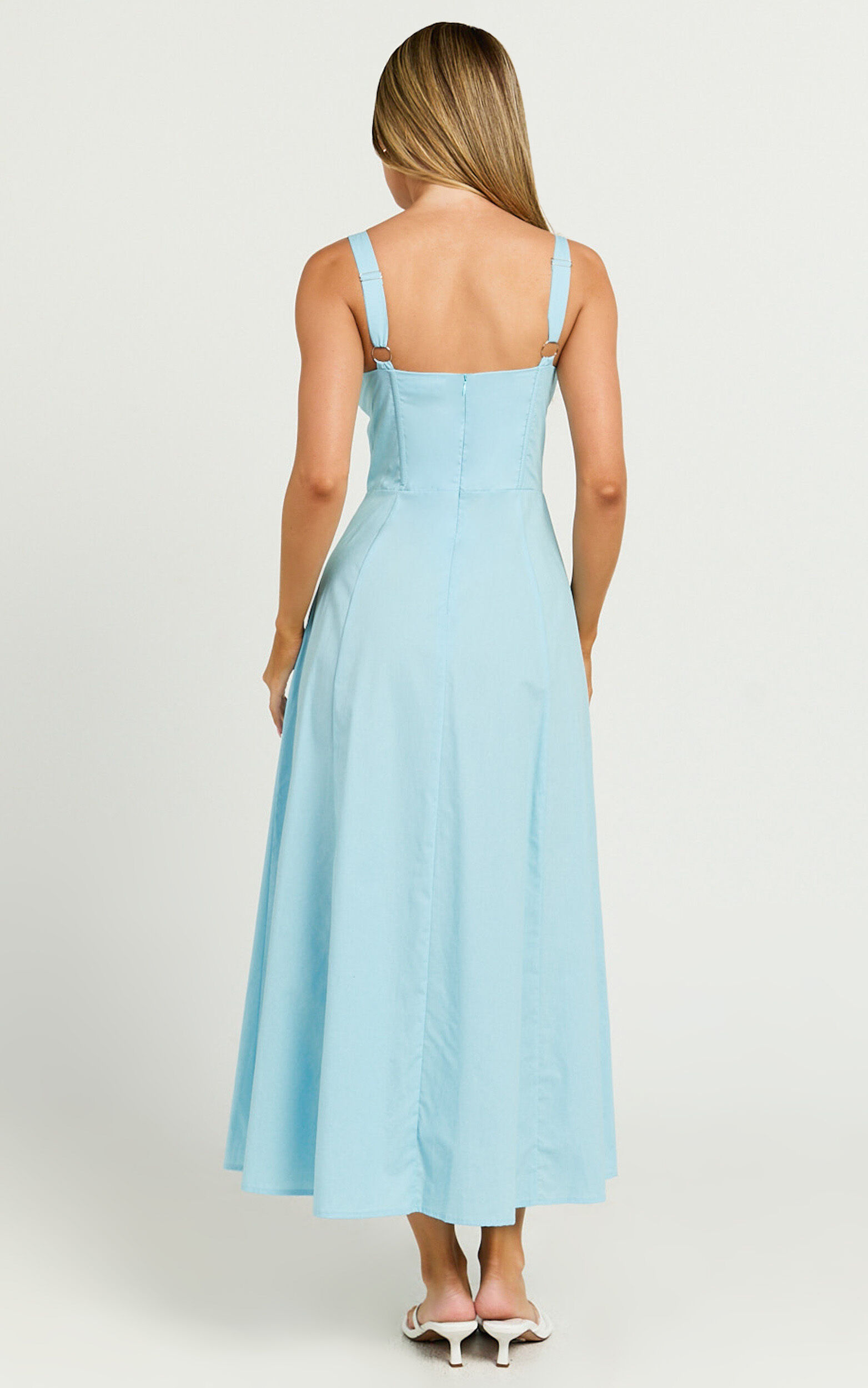 Maiya Midi Dress - Tie Front Fitted Bodice Dress in Blue
