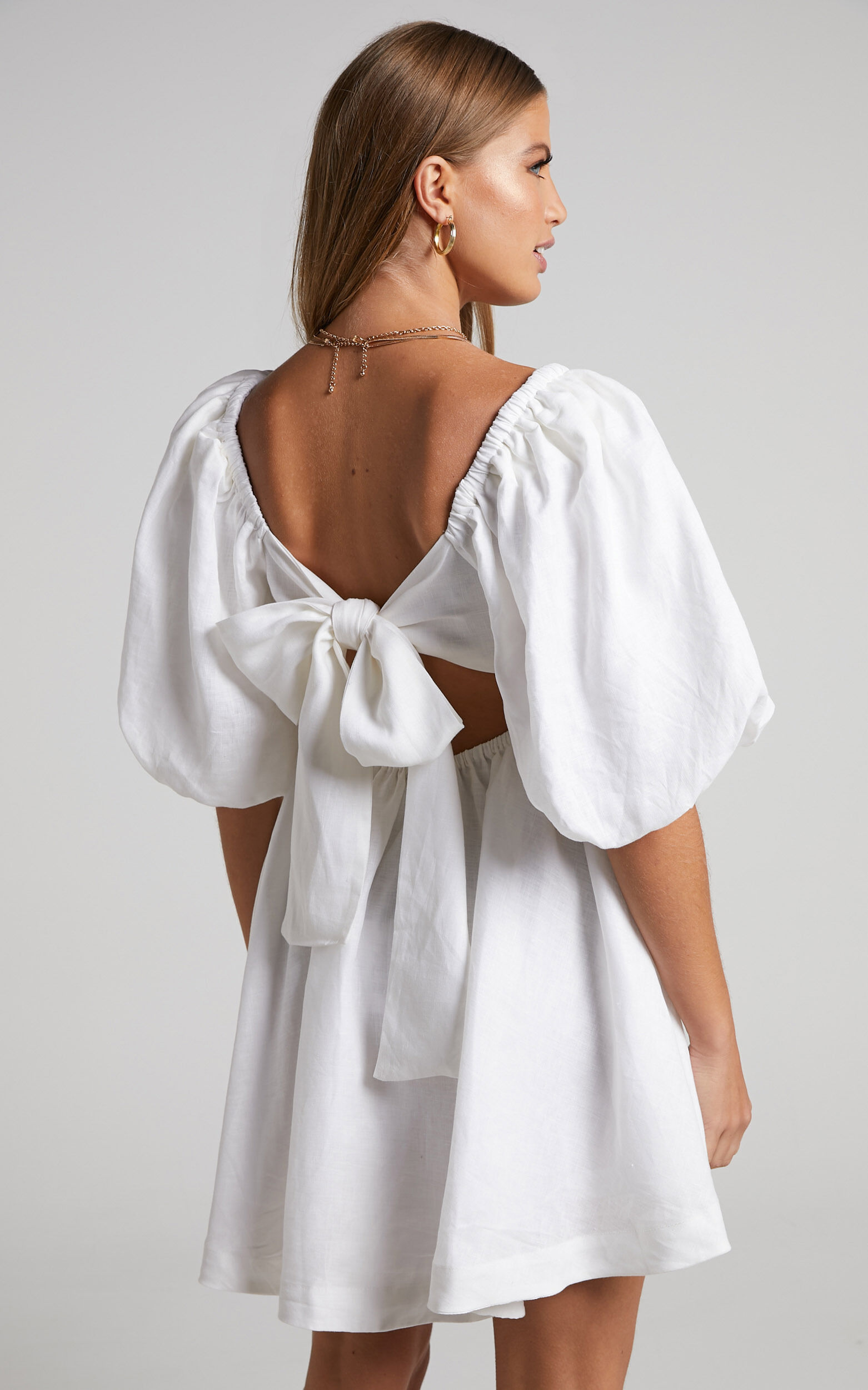 Amalie The Label - Hamyya Linen Tie Back Puff Sleeve Mini Linen Dress in White