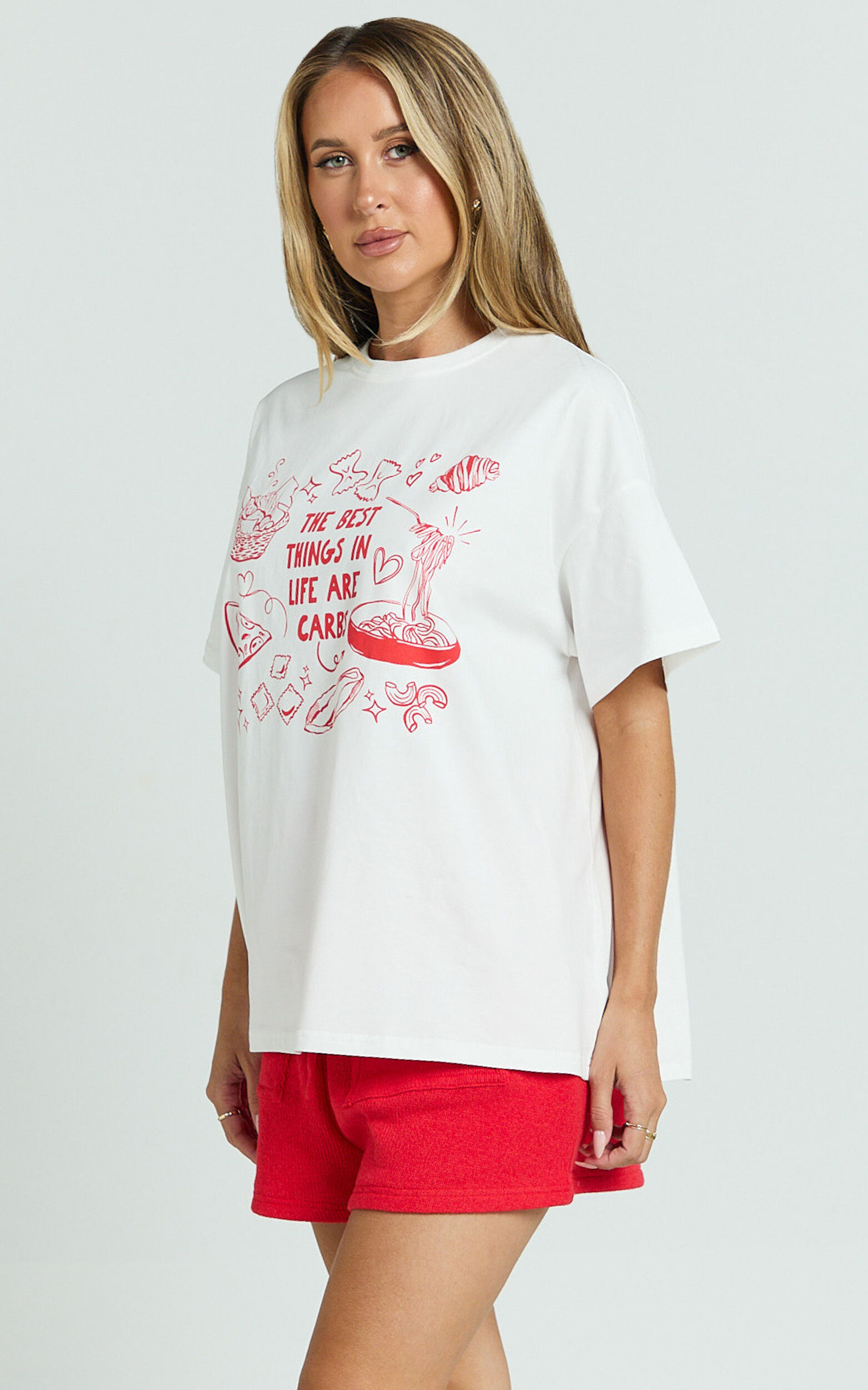 Rheyna Top - Oversized The Best Things in Life Are Carbs Print T-Shirt in White