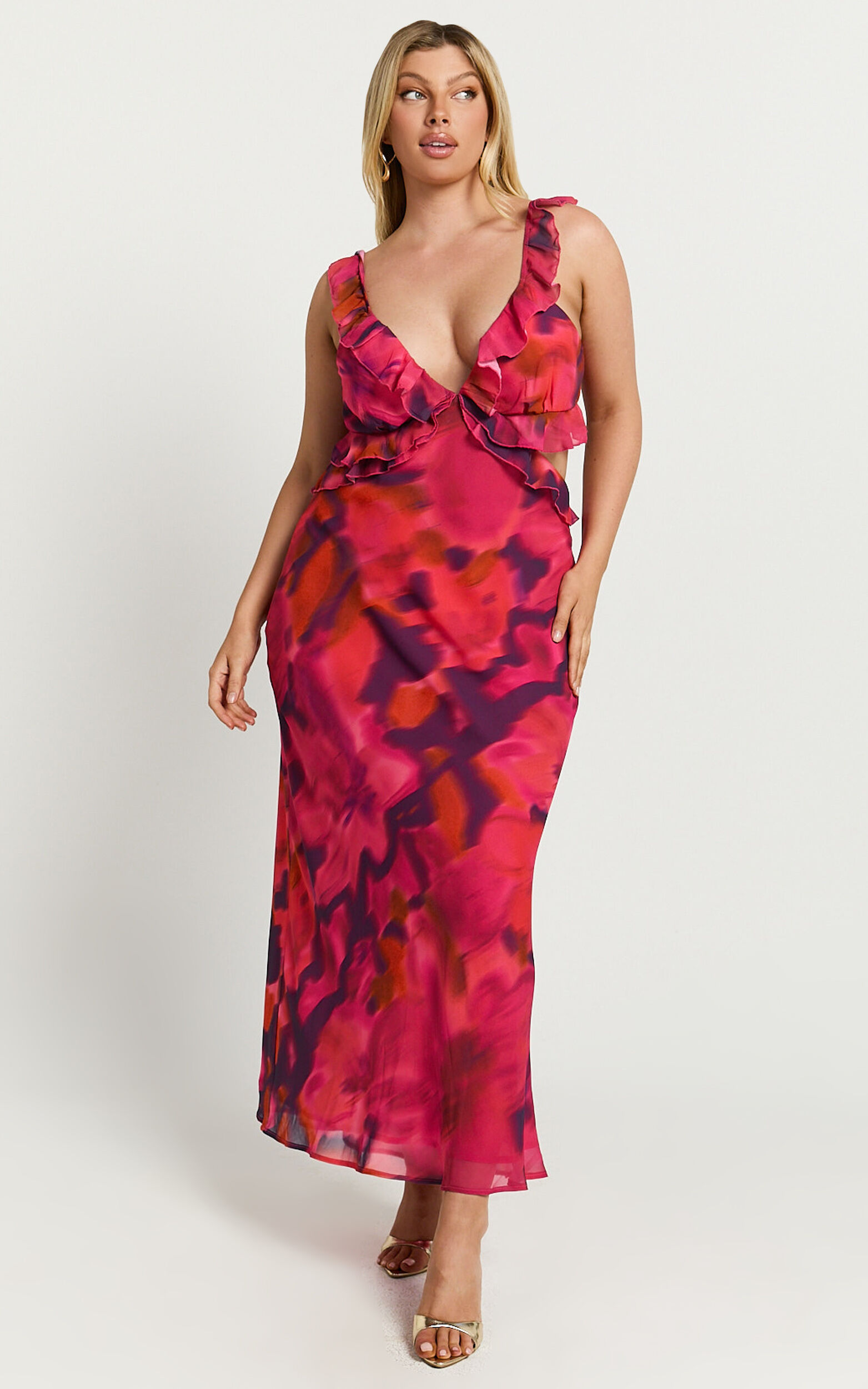 Alessa Maxi Dress - V Neck Frill Detail Empire Waist Back Cut Out Dress in Adeana Print