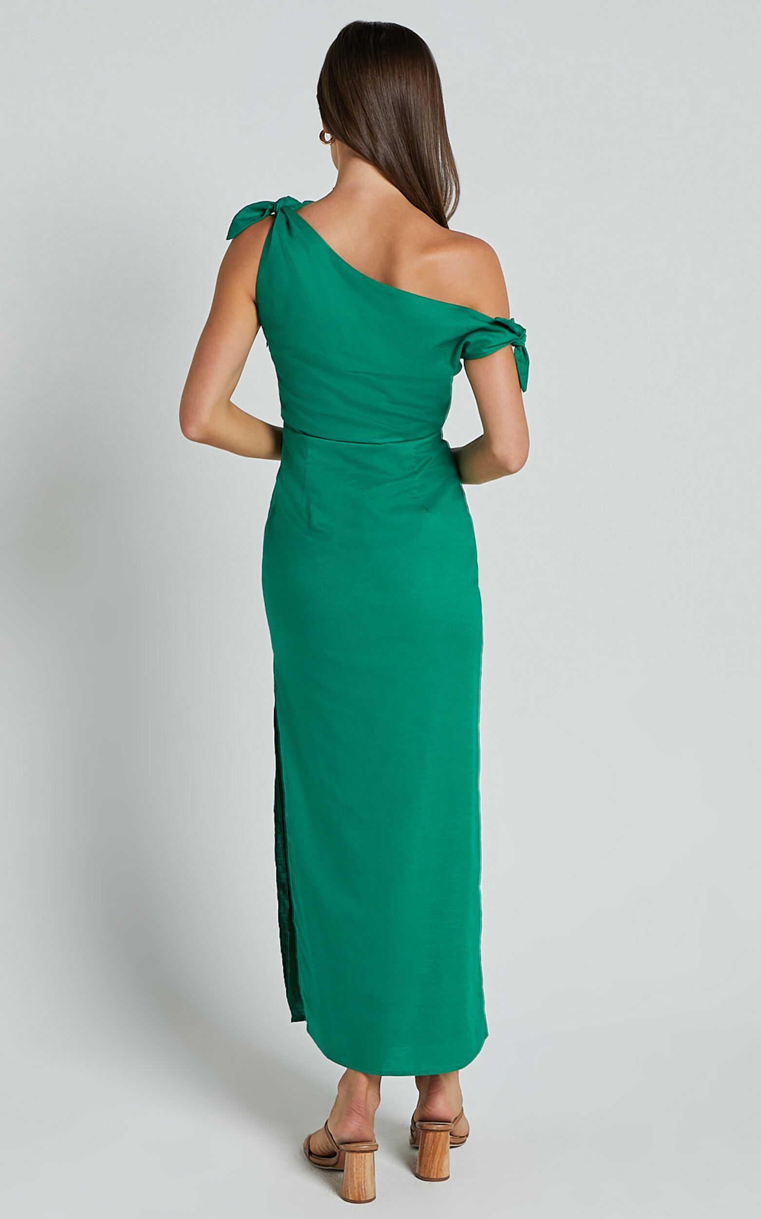 Cincinnati Midi Dress - Off The Shoulder Side Split Column Linen Dress in Green