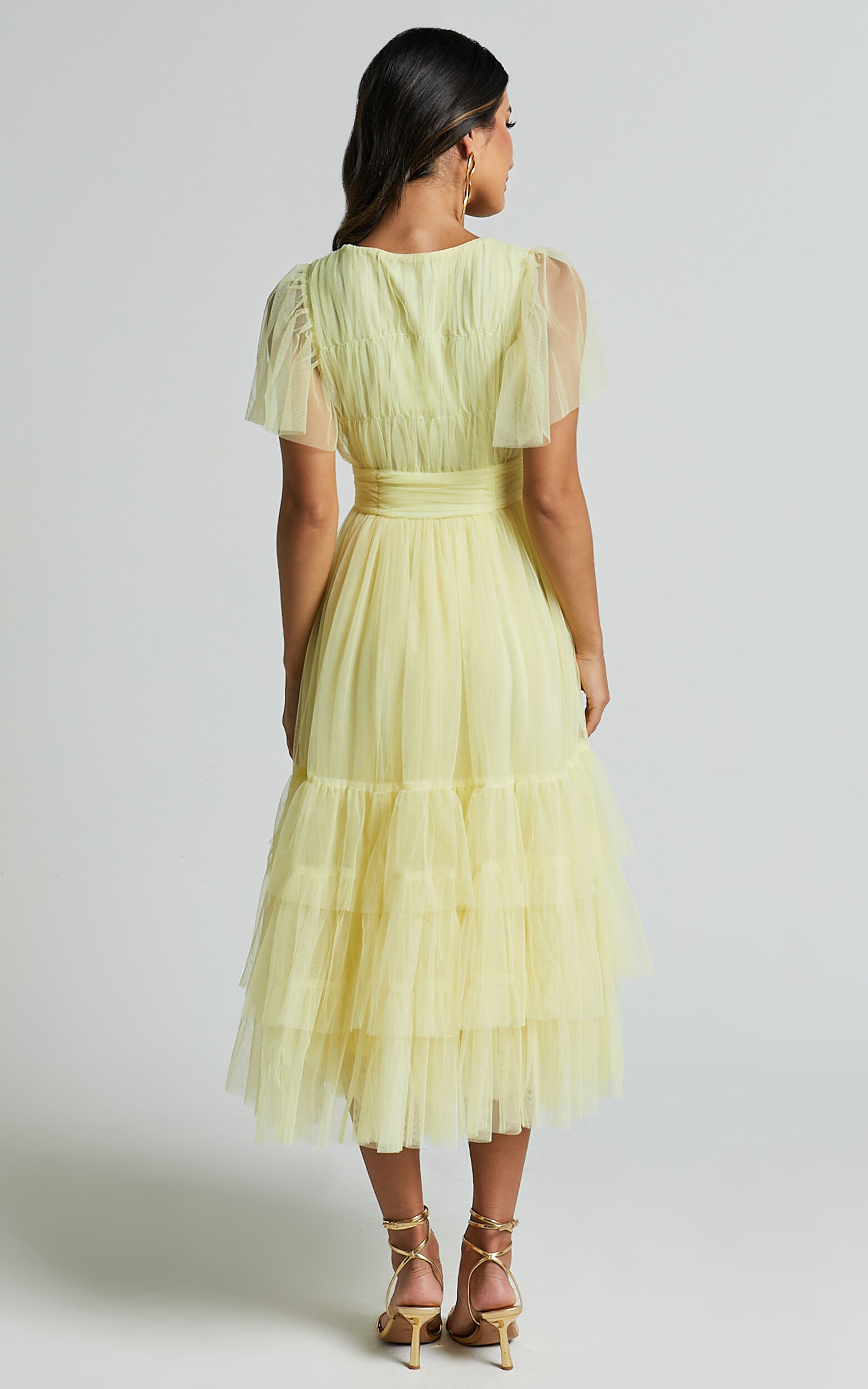 Jiraye Midi Dress - Flutter Sleeve Tuelle Plunge Dress in Lemon