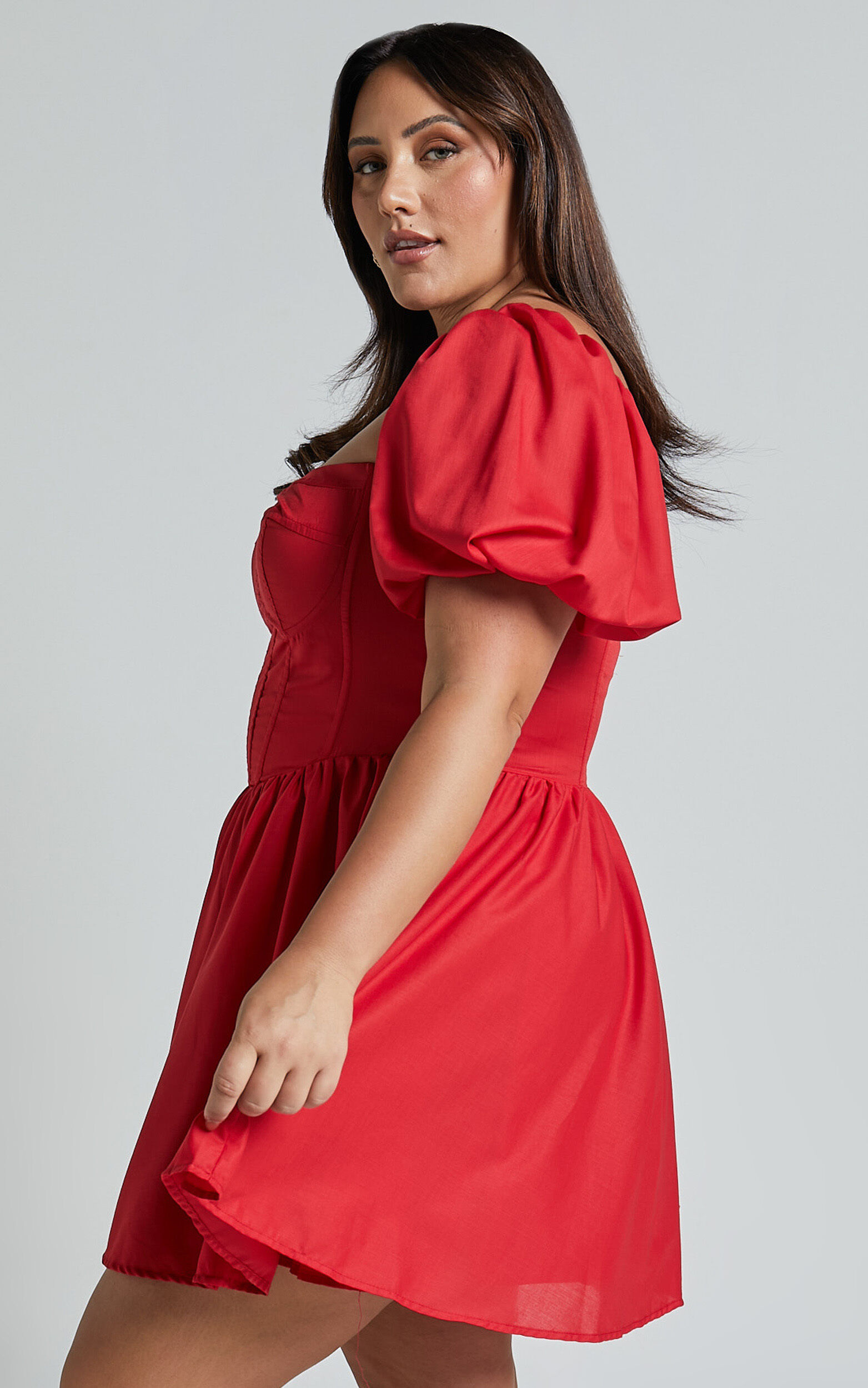 Souza Mini Dress - Fit and Flare Puff Sleeve Corset Dress in Red