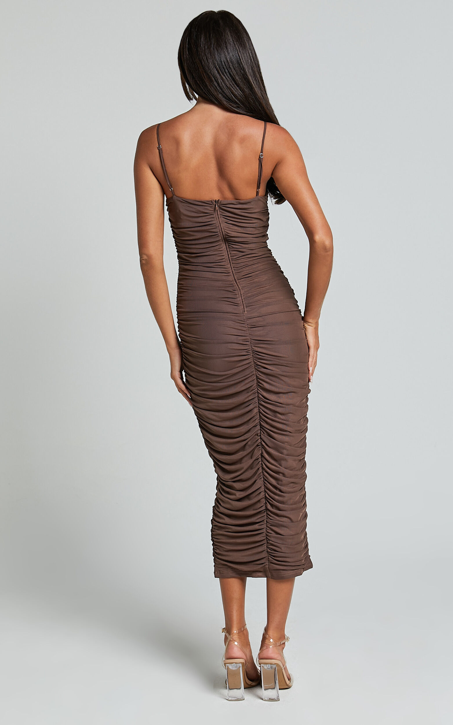 Leanor Midi Dress - Mesh Ruched Bustier Bodycon Dress in Chocolate